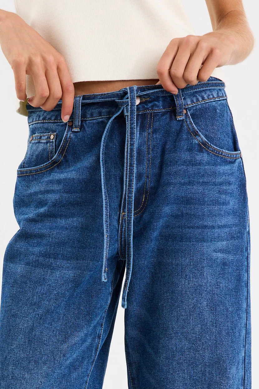 Campus Deep Blue Tie Waist Barrel Jeans - Image 5