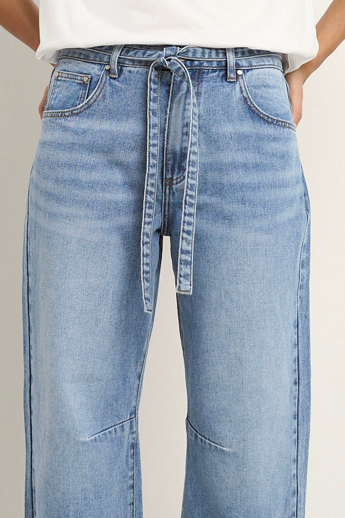 Campus Light Blue Tie Waist Barrel Jeans - Image 5