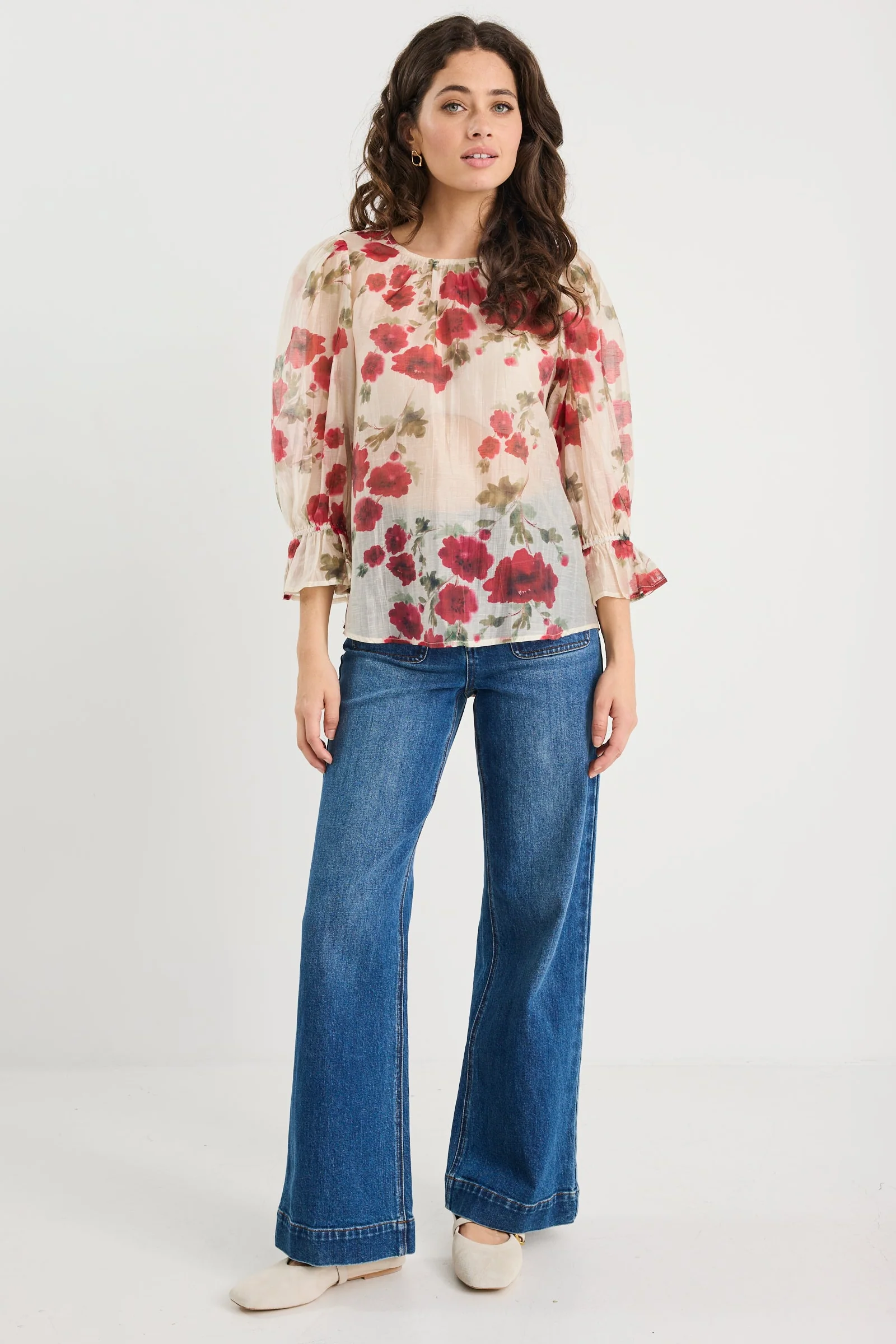 Candid Cream Red Rose Crew Neck Mid Sleeve Top - Image 3