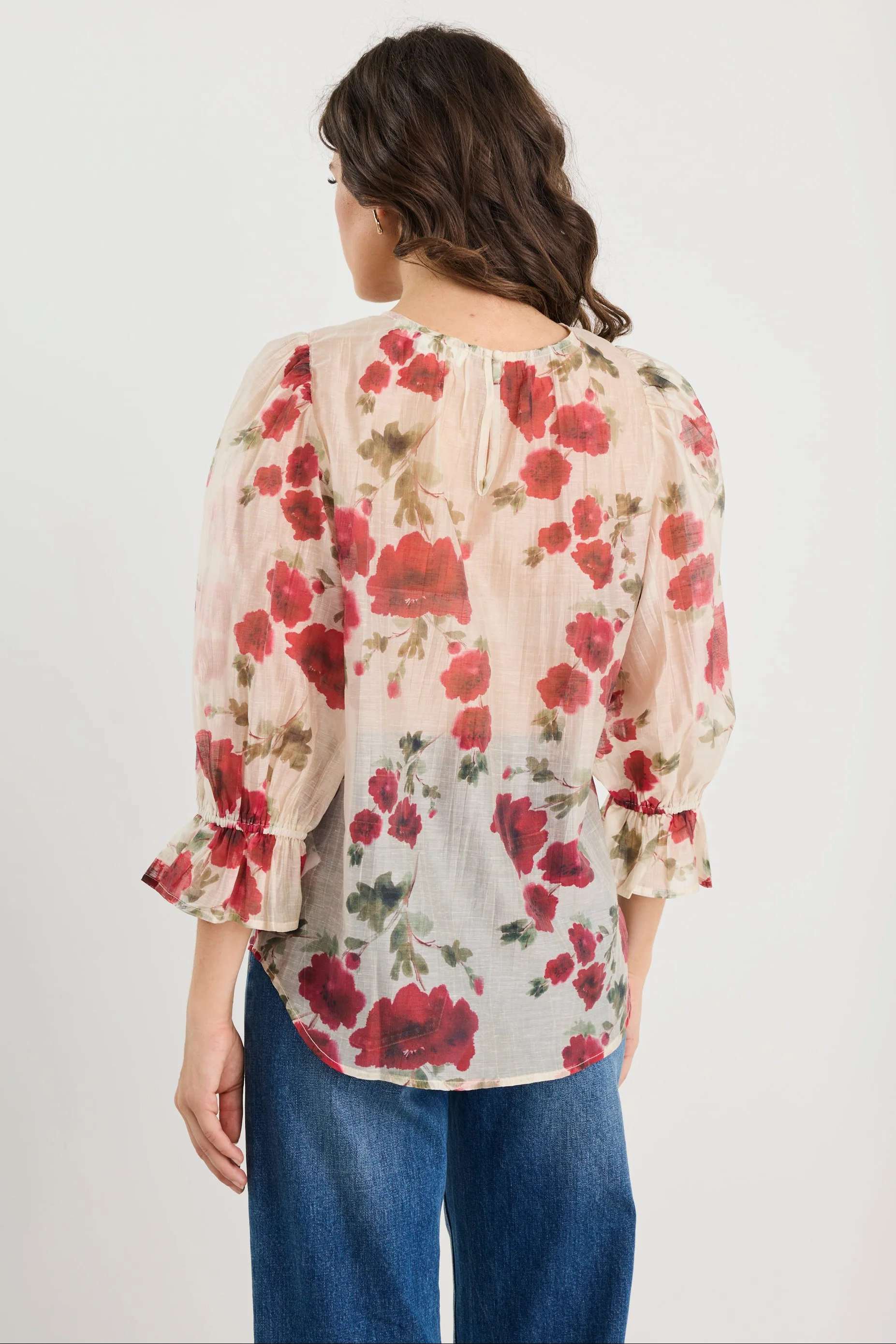 Candid Cream Red Rose Crew Neck Mid Sleeve Top - Image 4