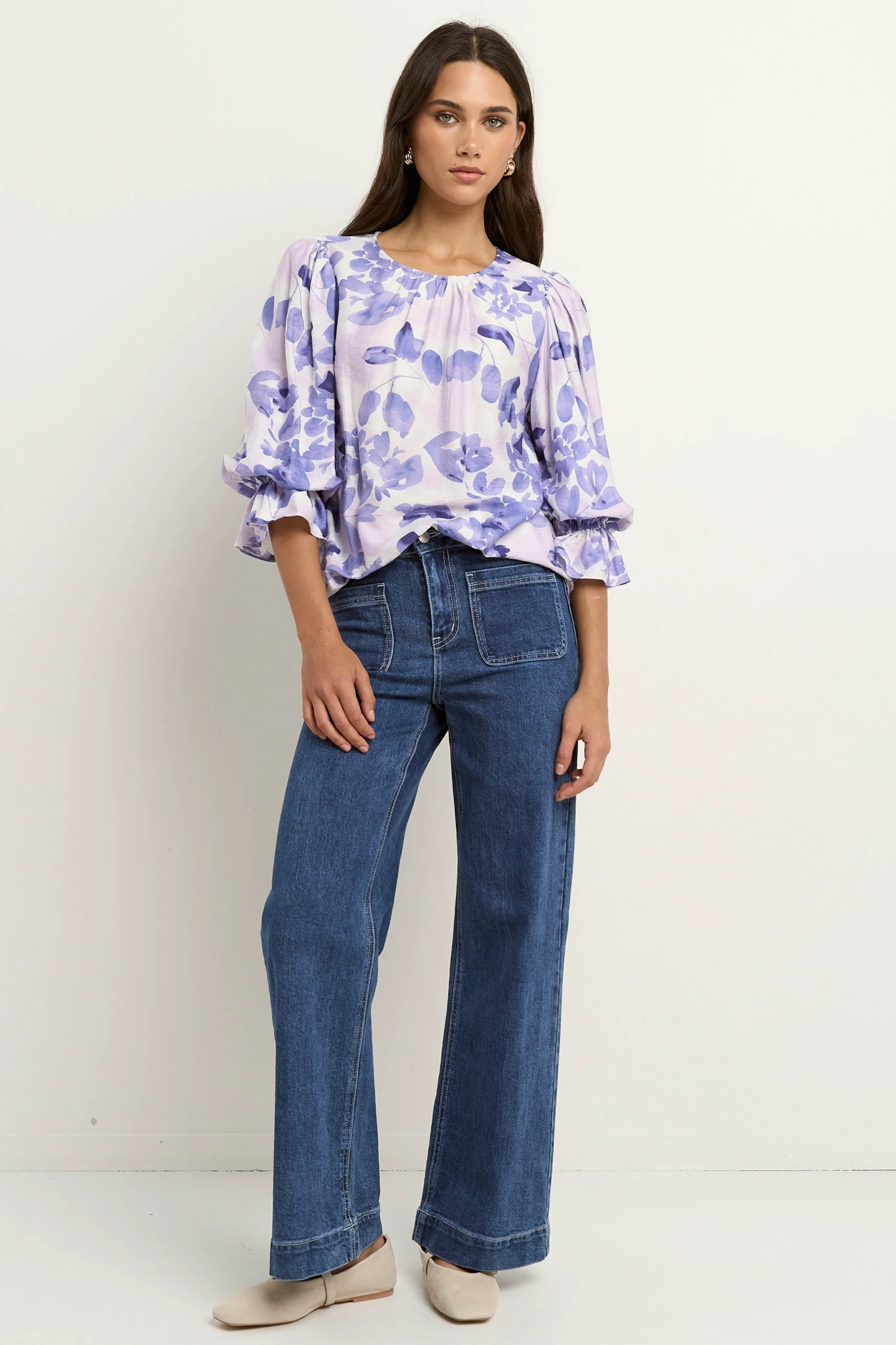 Candid Ivory Blue Floral Frill Sleeve Crew Neck SS Top - Image 4