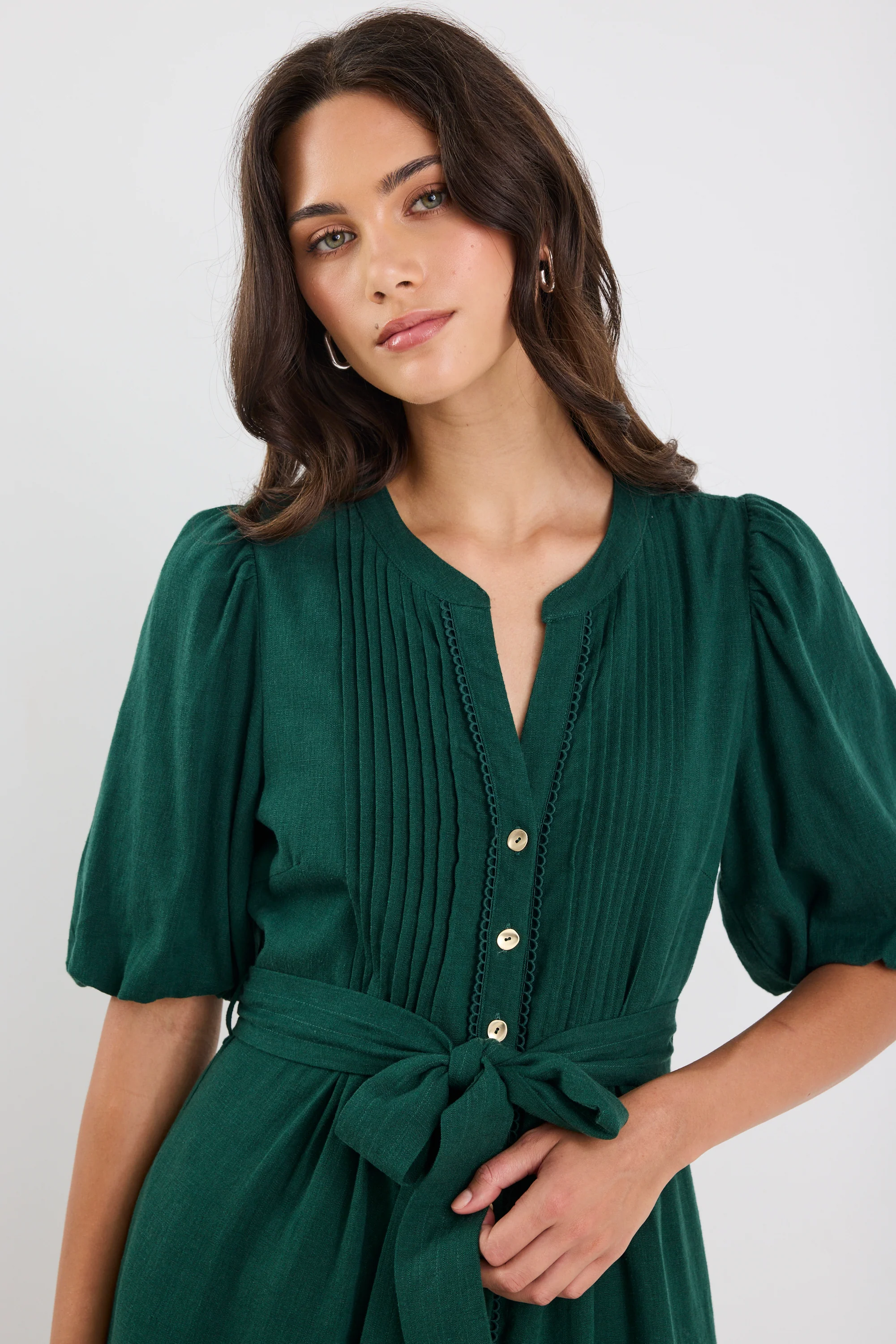Candor Forest Puff Sleeve Pin Tuck Maxi Shirt Dress - Image 2
