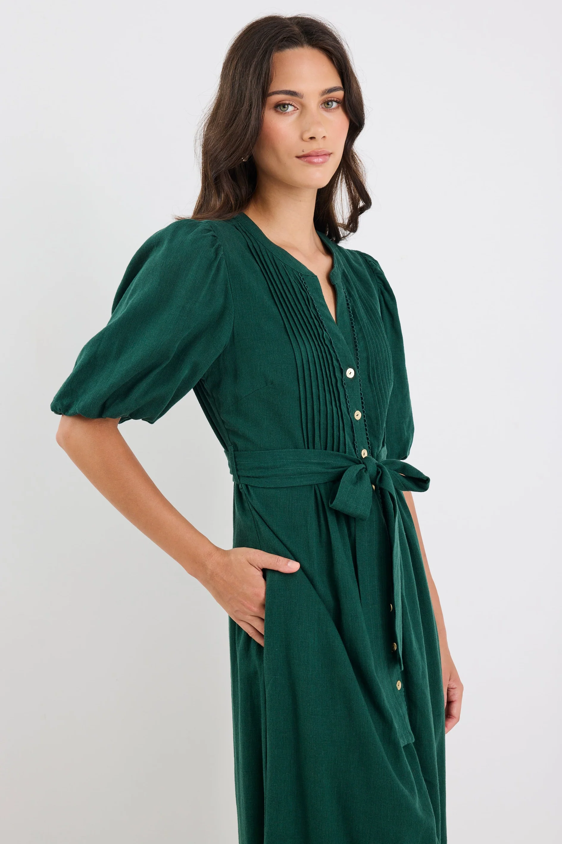 Candor Forest Puff Sleeve Pin Tuck Maxi Shirt Dress - Image 3