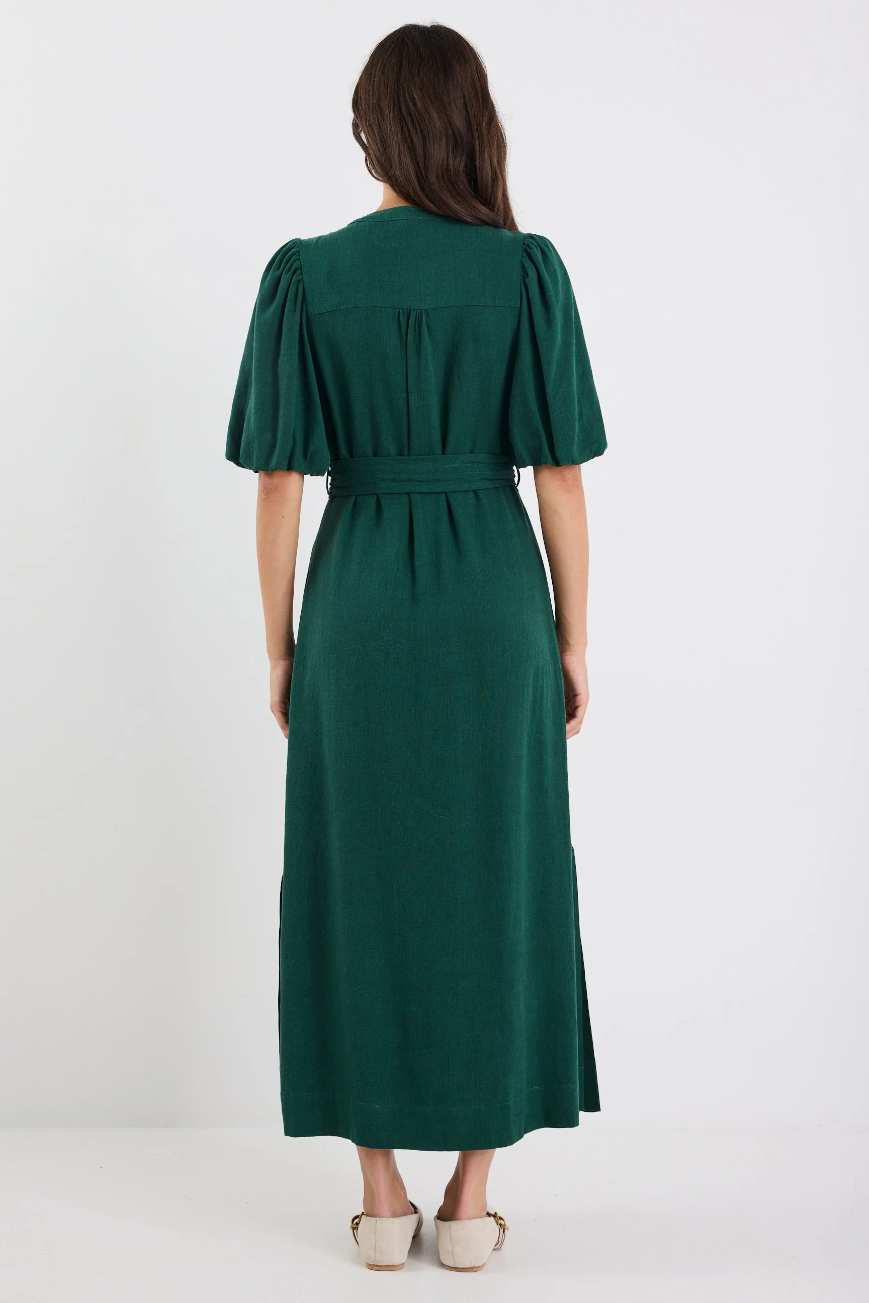 Candor Forest Puff Sleeve Pin Tuck Maxi Shirt Dress - Image 4