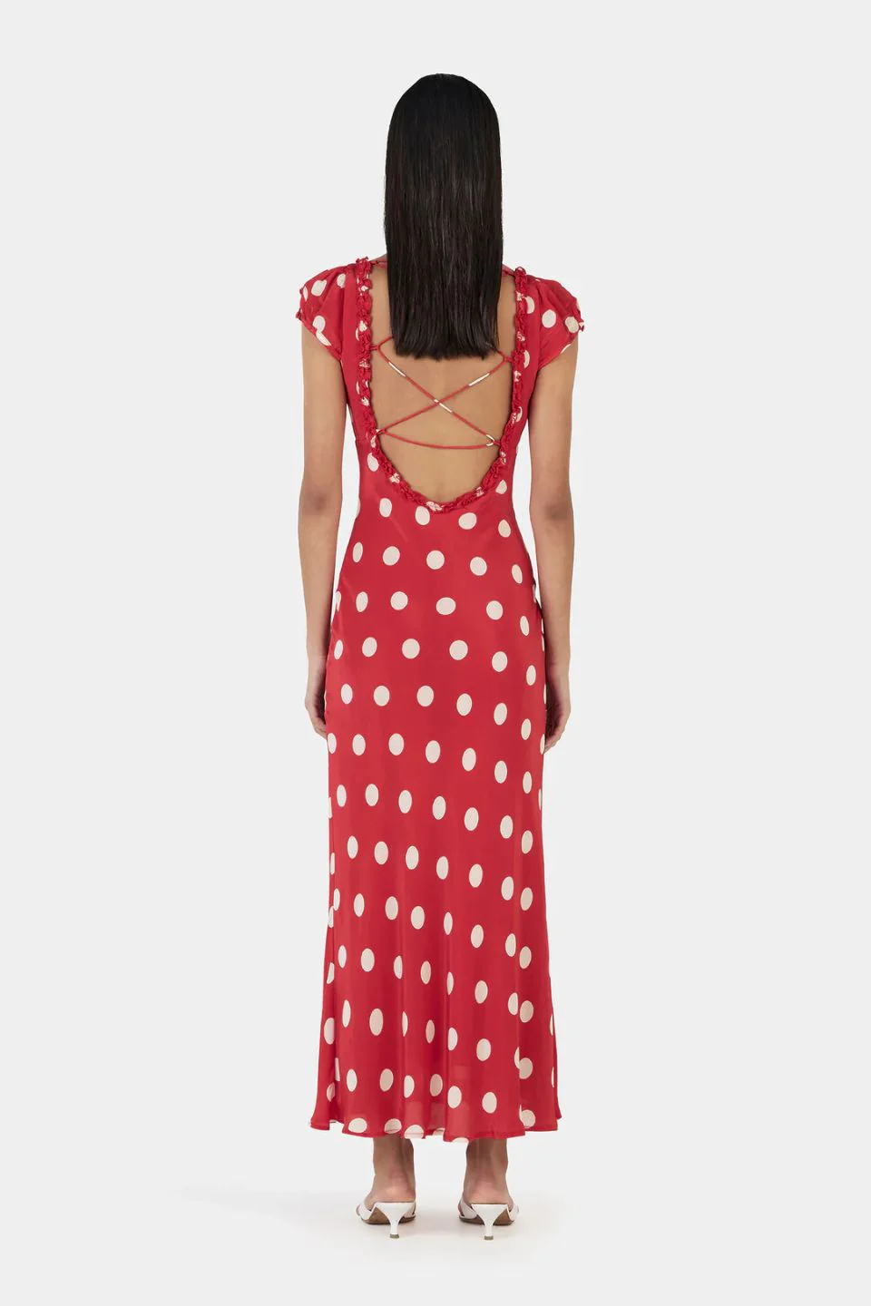 Carlita Red Polka SS Back Tie Midi Dress - Image 2