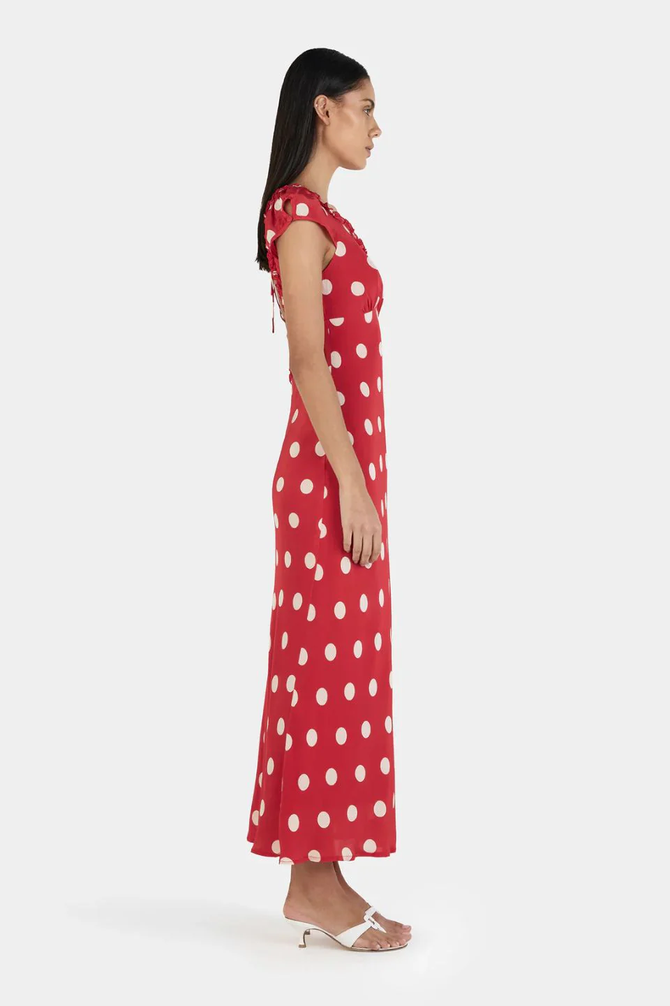 Carlita Red Polka SS Back Tie Midi Dress - Image 4