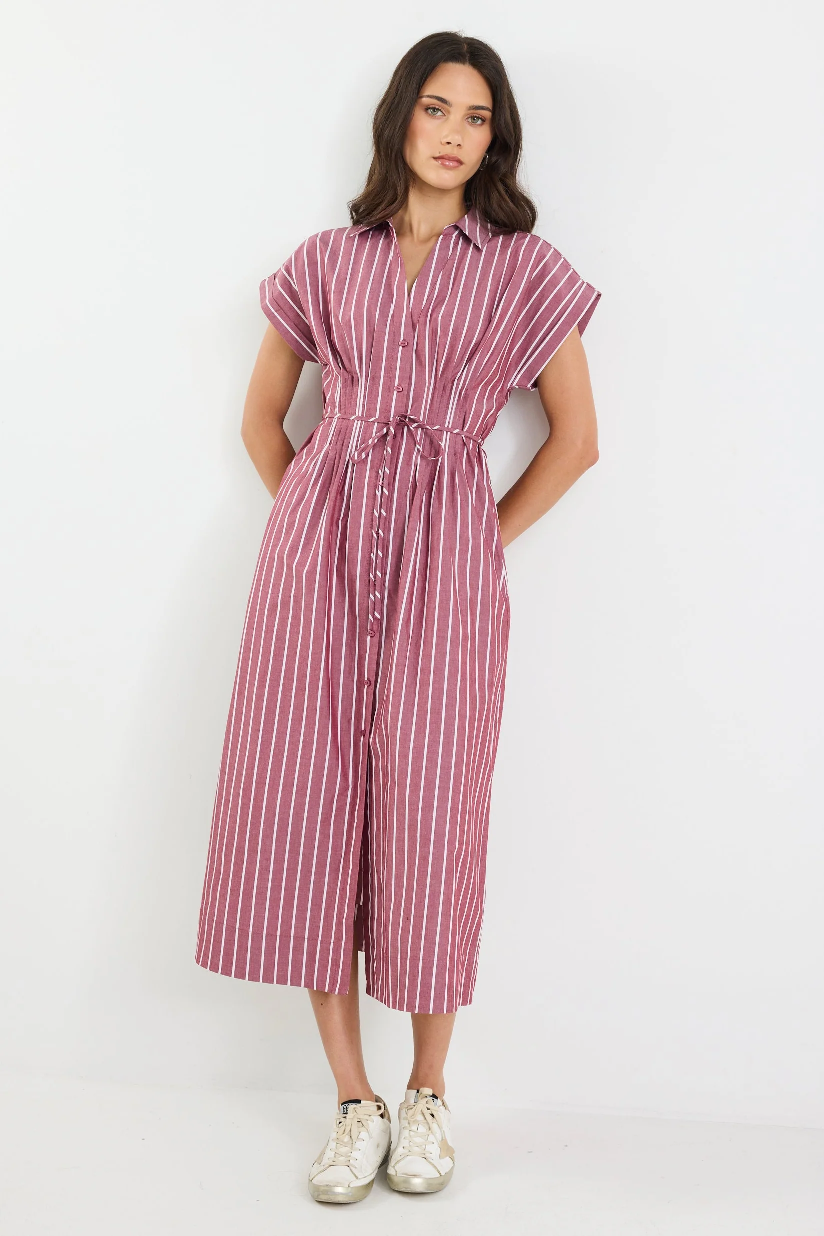 Carriage Burgundy Stripe Sleeveless Pintuck Midi Shirt Dress - Image 2