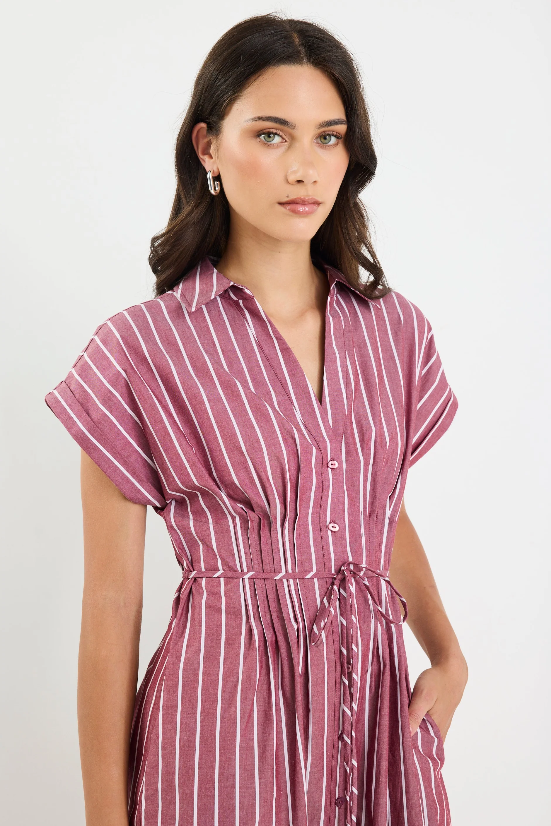 Carriage Burgundy Stripe Sleeveless Pintuck Midi Shirt Dress - Image 3