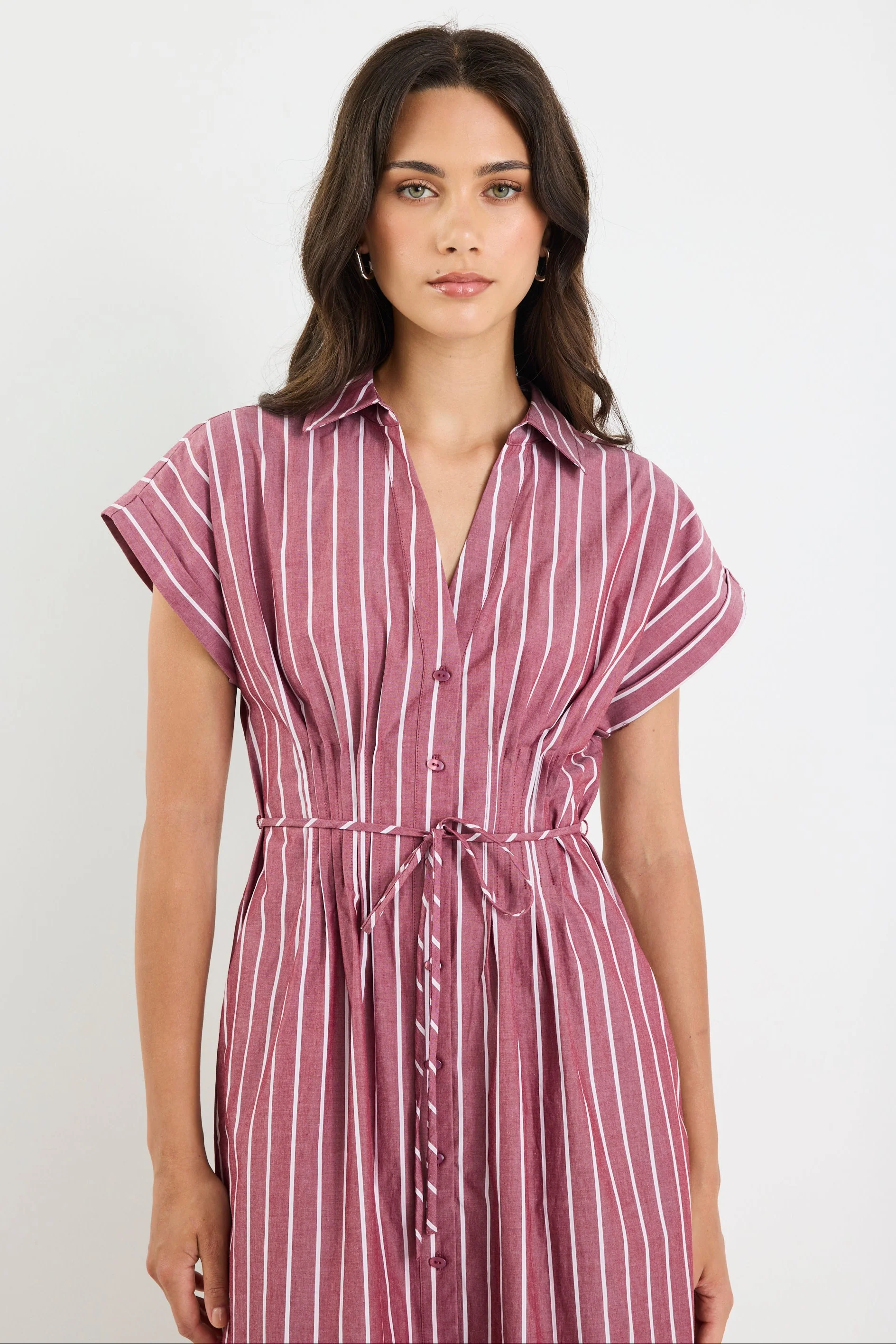 Carriage Burgundy Stripe Sleeveless Pintuck Midi Shirt Dress - Image 4