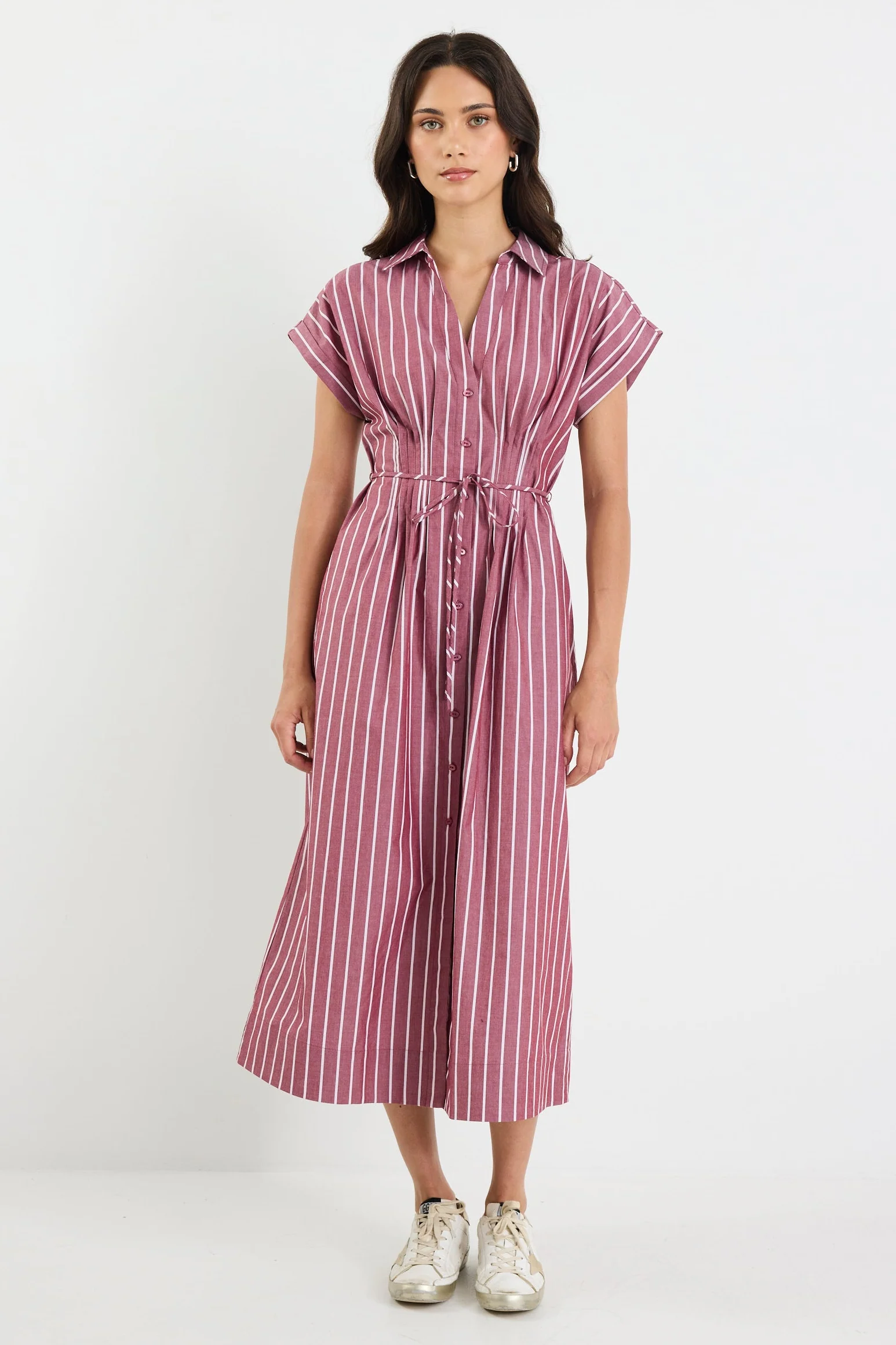 Carriage Burgundy Stripe Sleeveless Pintuck Midi Shirt Dress - Image 5
