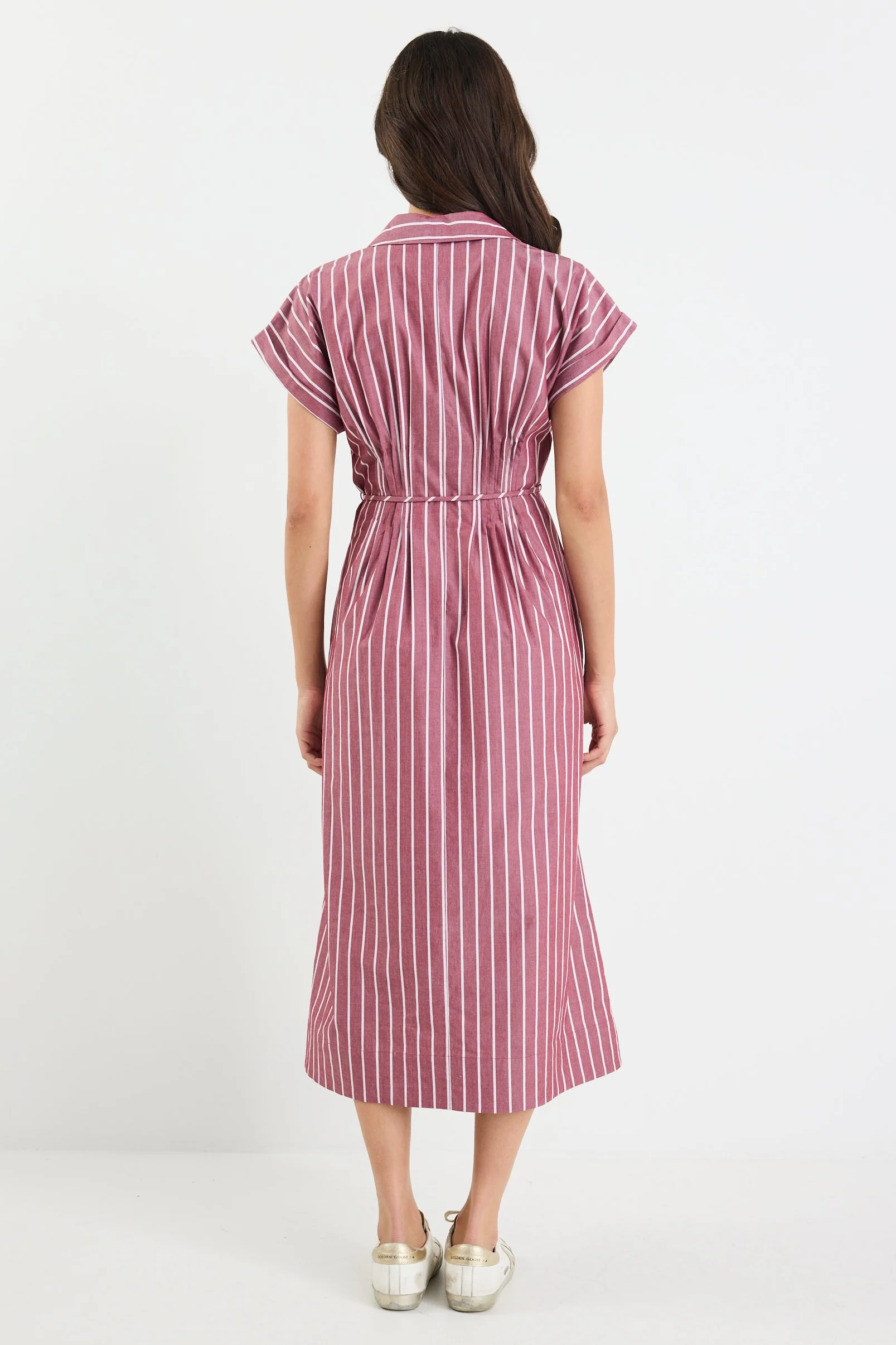 Carriage Burgundy Stripe Sleeveless Pintuck Midi Shirt Dress - Image 6