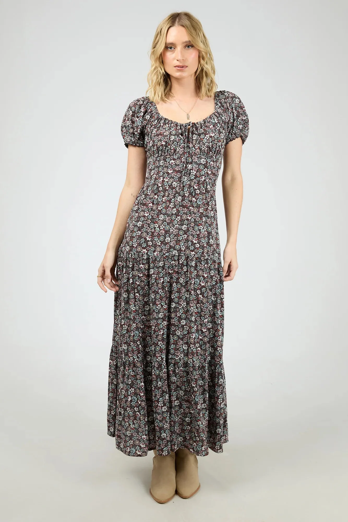 Carrie Deep Purple Floral Puff Sleeve Maxi Dress - Image 2