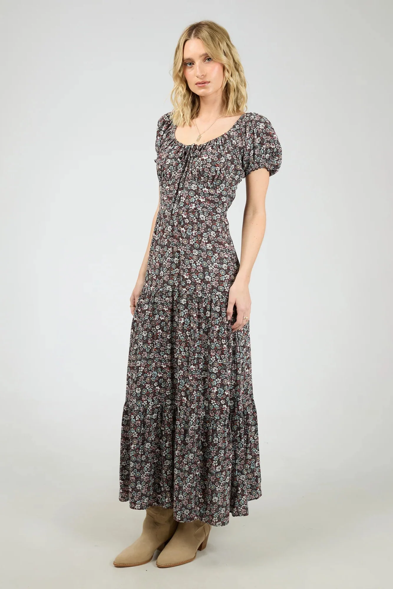 Carrie Deep Purple Floral Puff Sleeve Maxi Dress - Image 4
