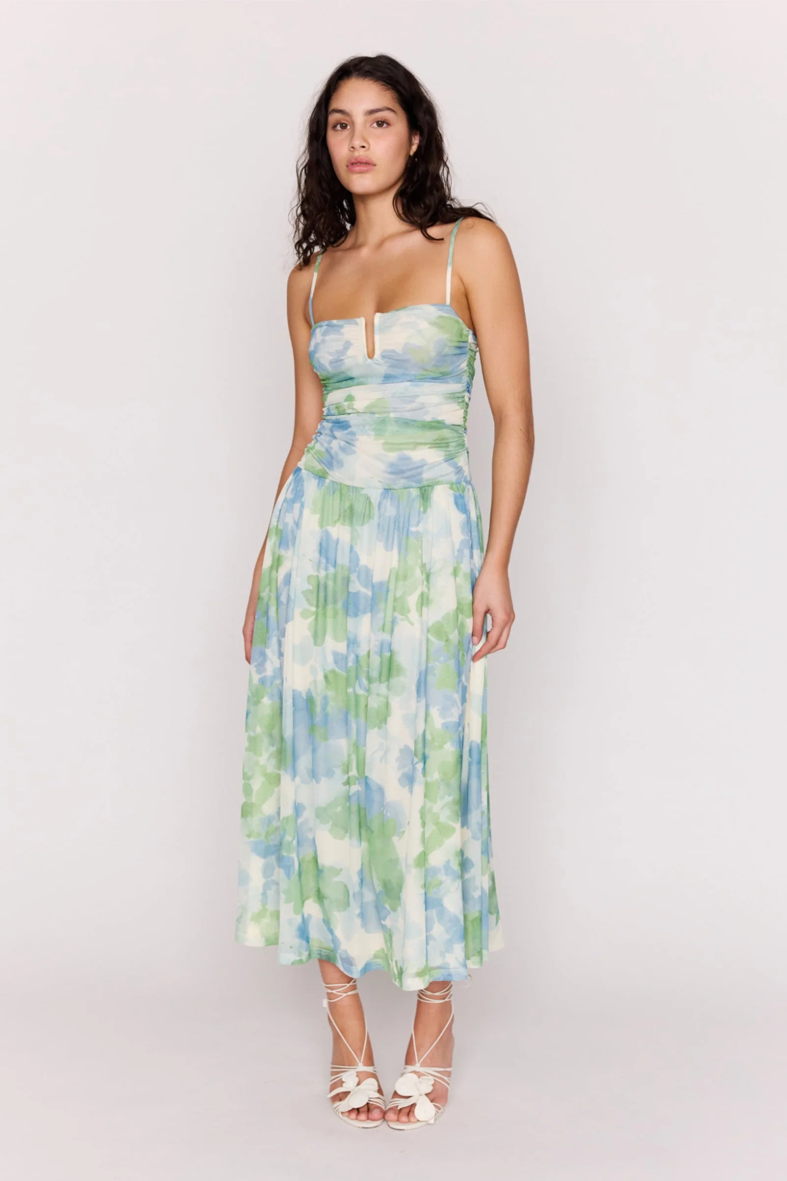 Carrie Green Watercolour Floral Mesh Strappy Maxi Dress - Image 2