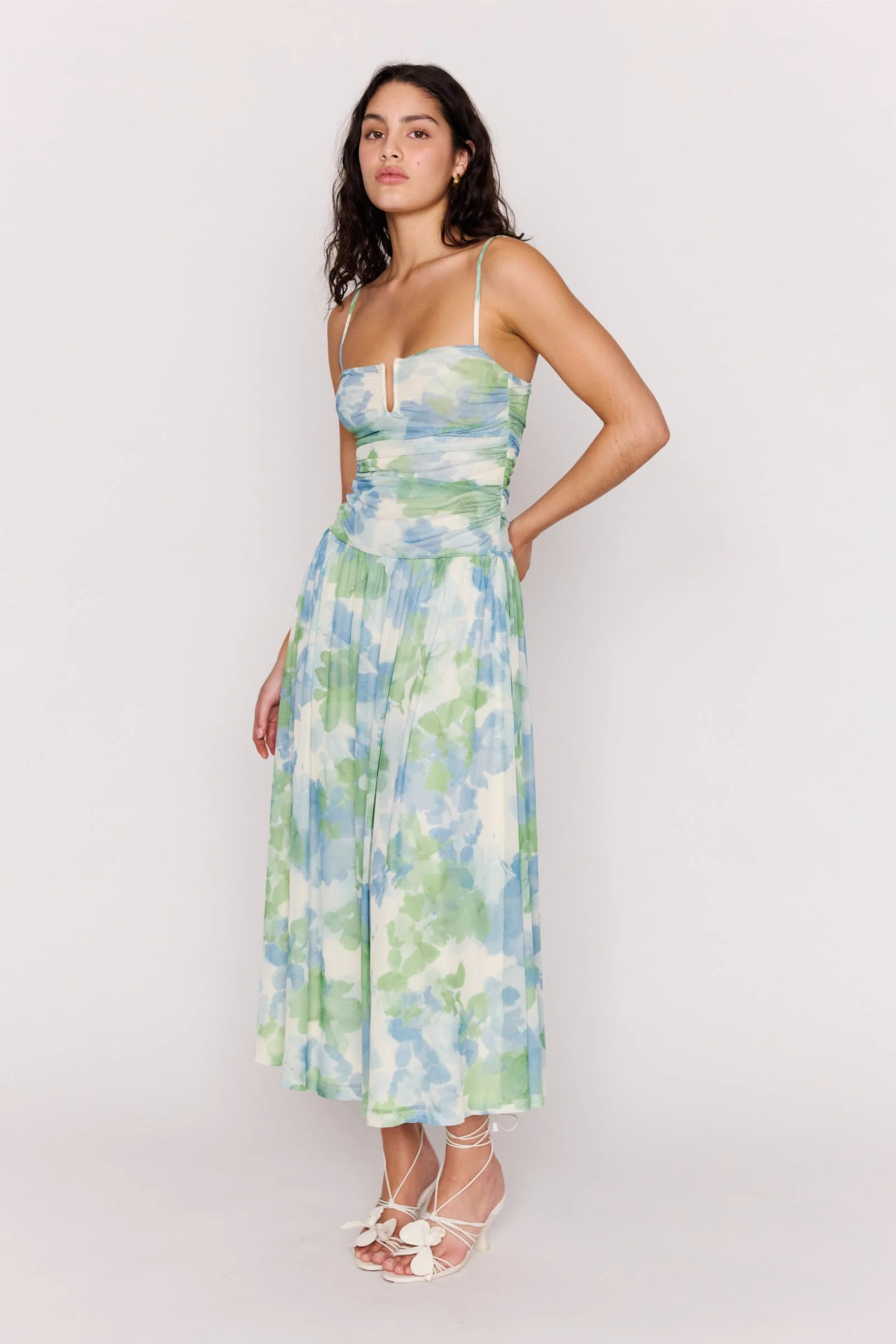 Carrie Green Watercolour Floral Mesh Strappy Maxi Dress - Image 4