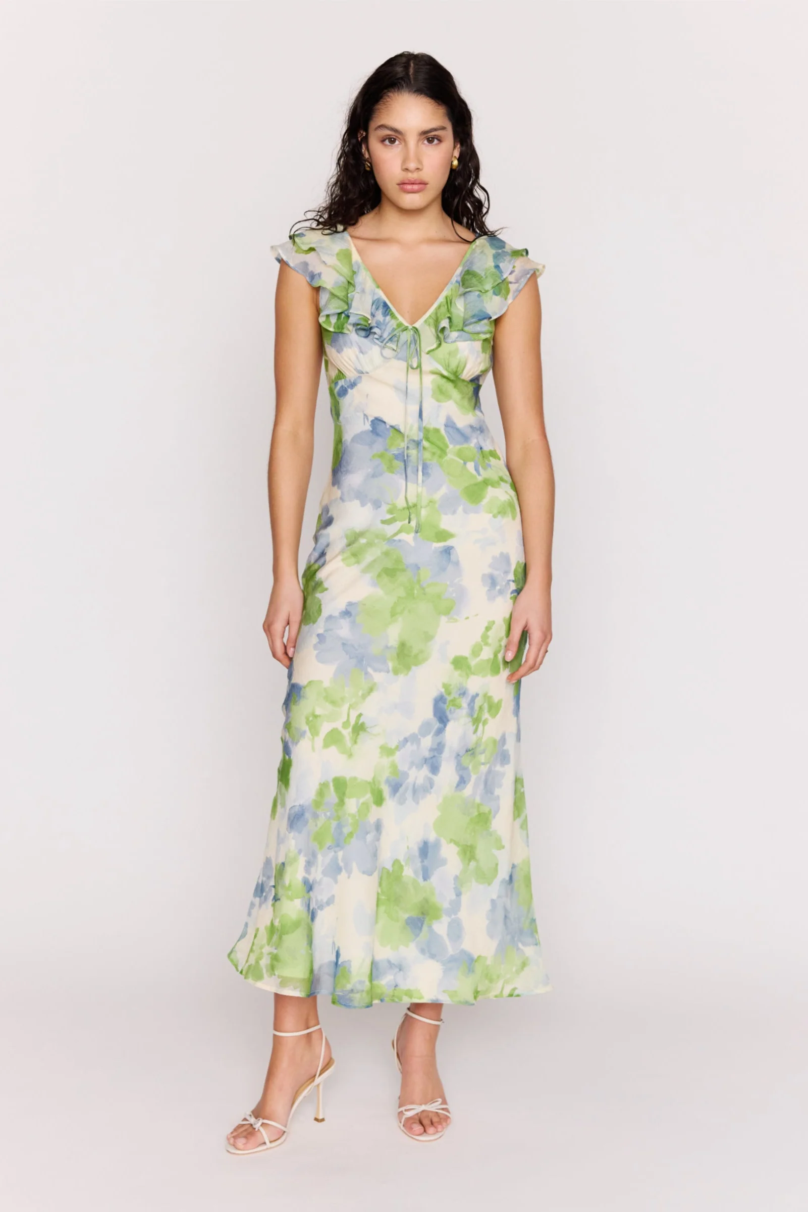 Carrie Green Watercolour Floral Ruffled SS Midi Dress - Image 2