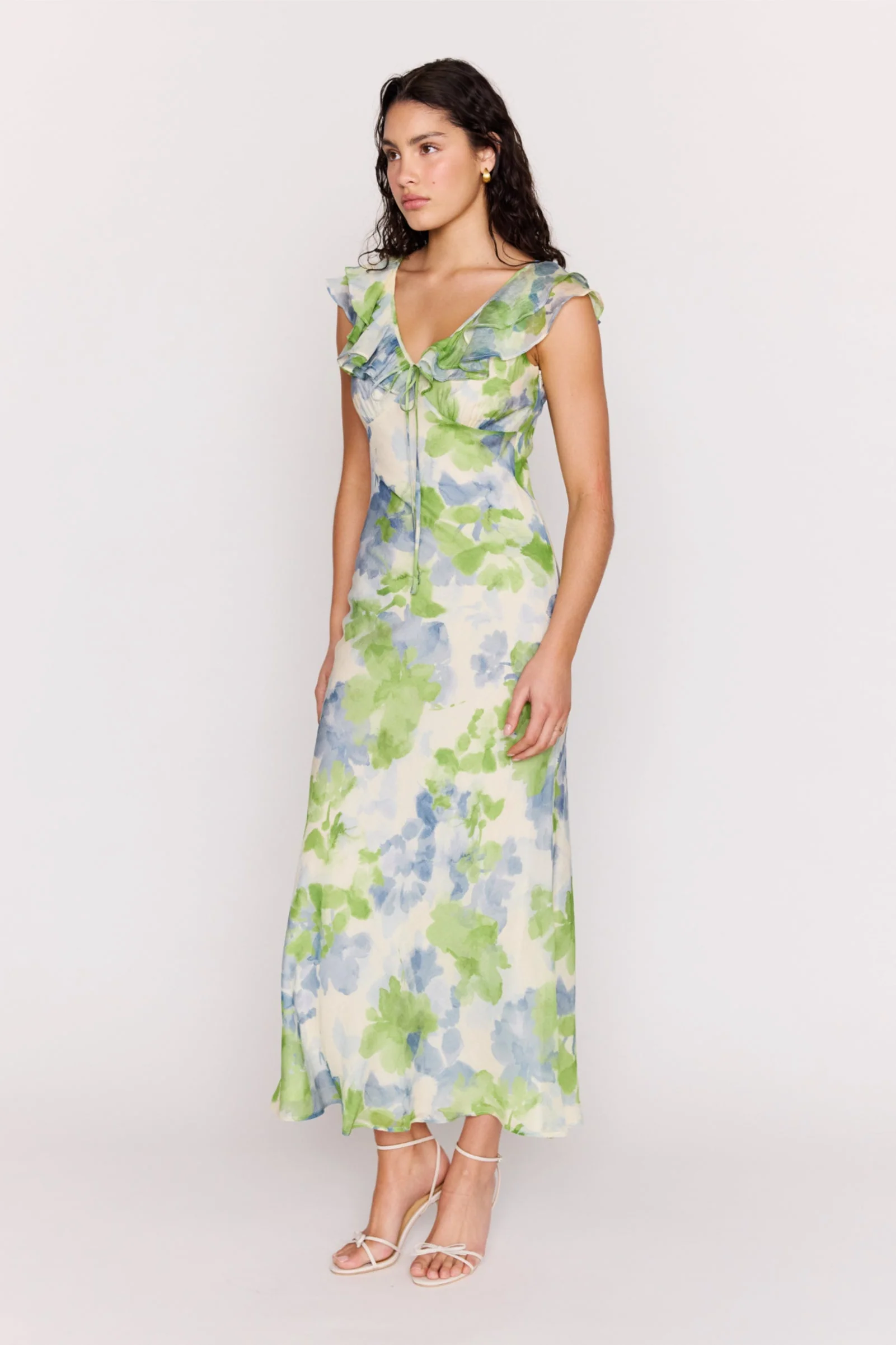 Carrie Green Watercolour Floral Ruffled SS Midi Dress - Image 4