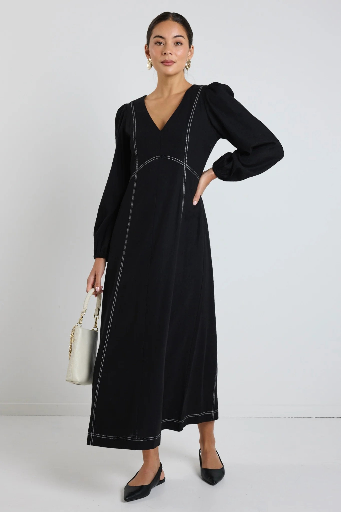 Case Black LS Contrast Stitch Midi Dress - Image 4