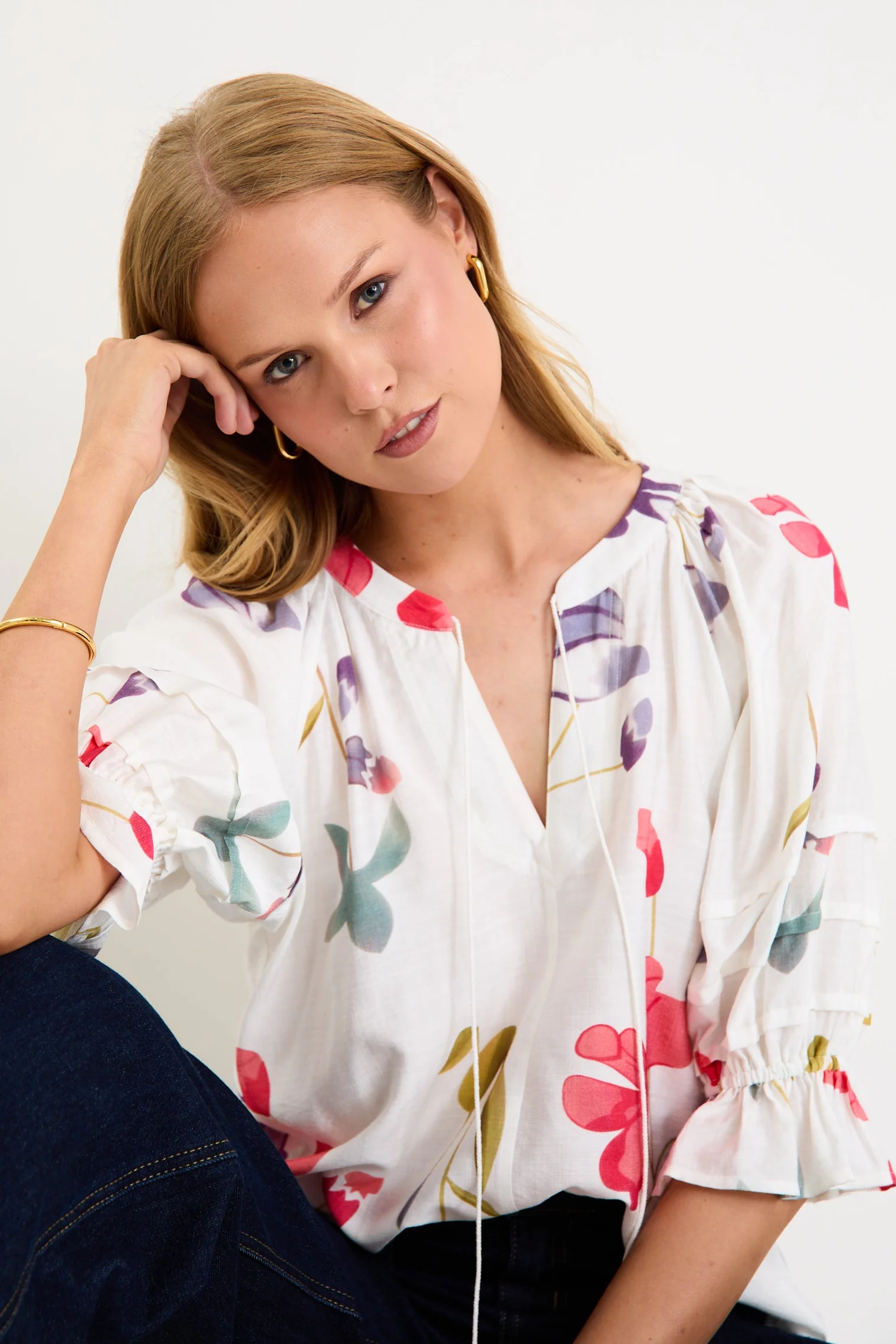 Cassia Cream Poppy Floral V Neck Short Pin Tuck Sleeve Mandarin Collar Top - Image 2