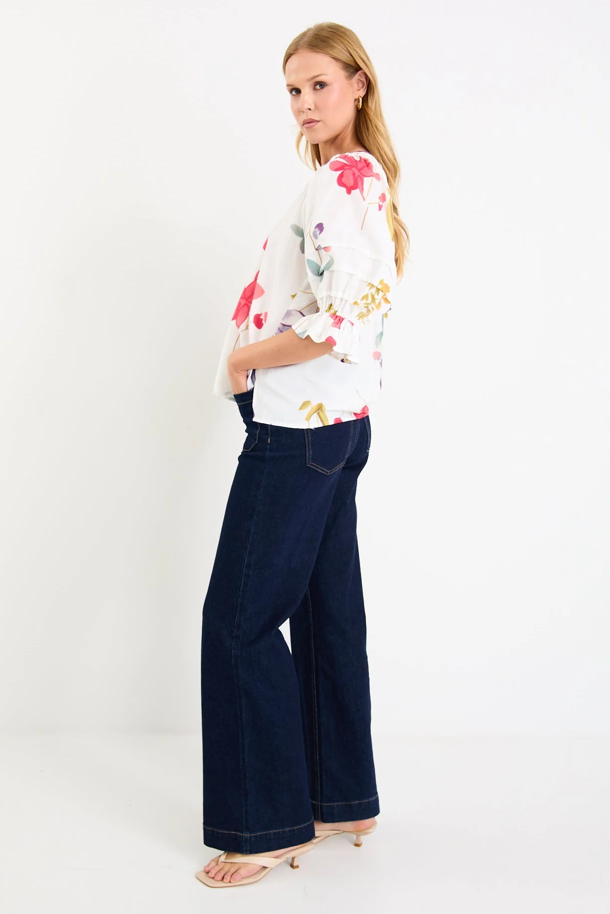 Cassia Cream Poppy Floral V Neck Short Pin Tuck Sleeve Mandarin Collar Top - Image 3
