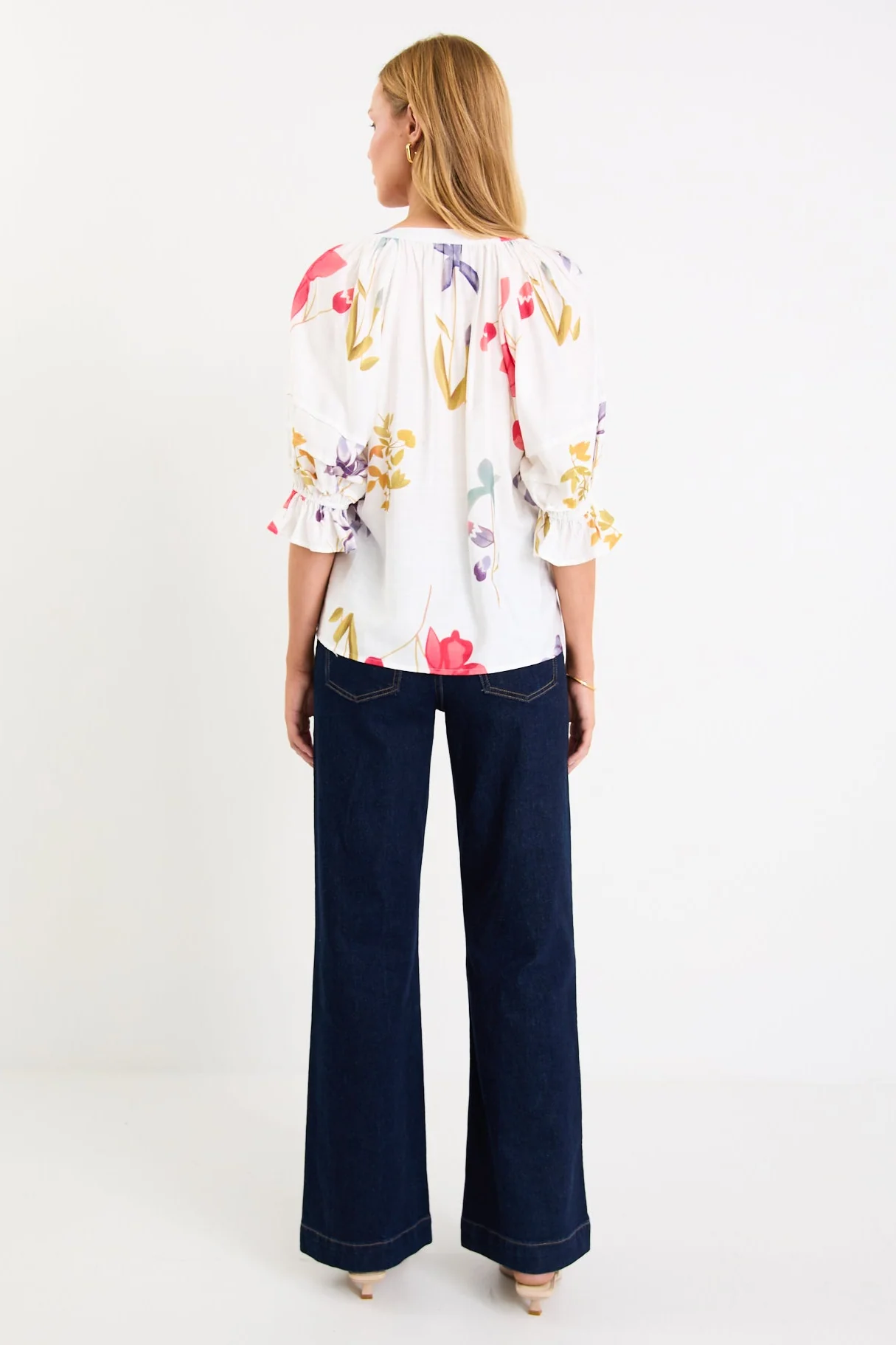 Cassia Cream Poppy Floral V Neck Short Pin Tuck Sleeve Mandarin Collar Top - Image 4