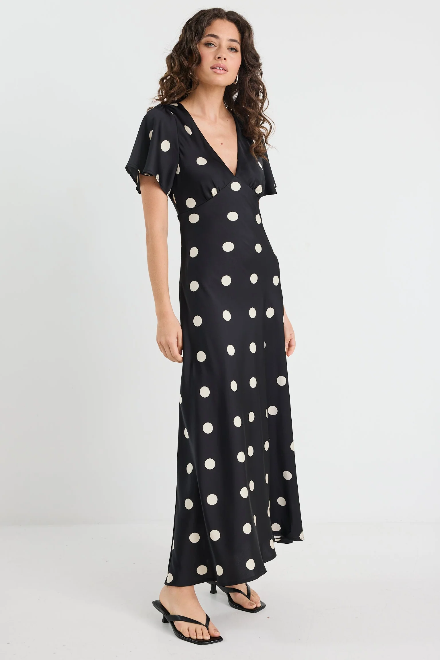 Chariot Black Polka Dot Bias Flutter Sleeve Maxi Dress - Image 2