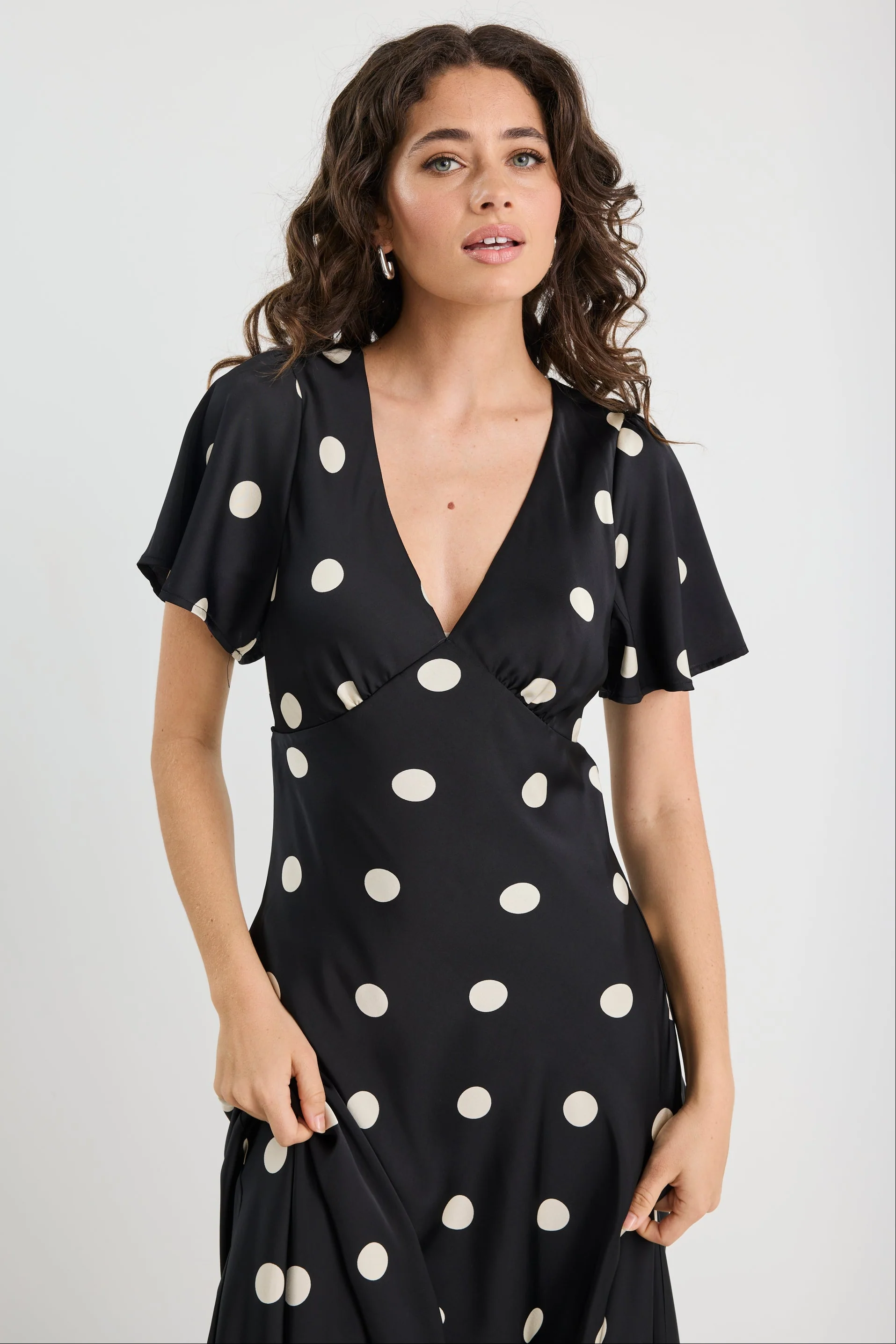 Chariot Black Polka Dot Bias Flutter Sleeve Maxi Dress - Image 3