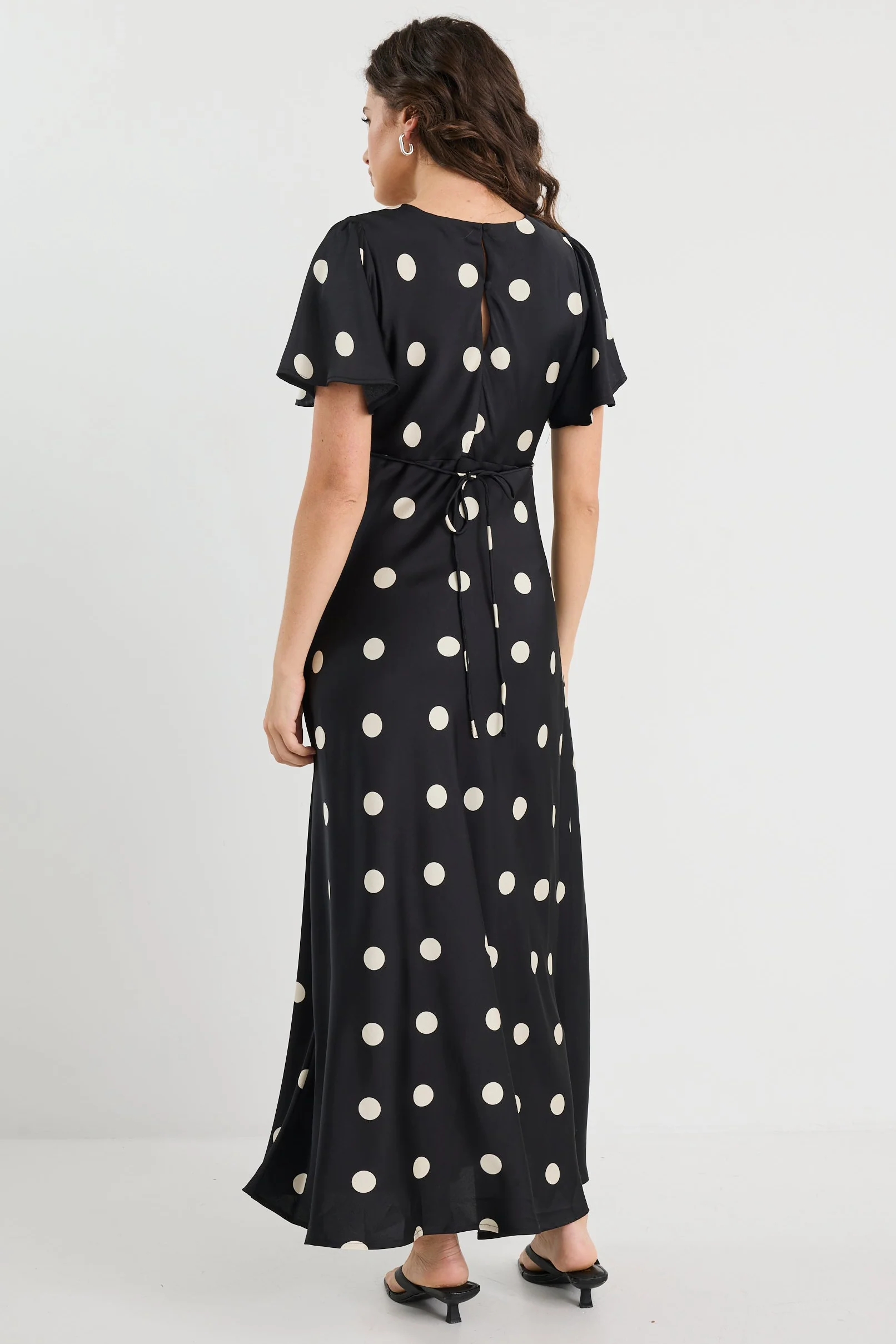 Chariot Black Polka Dot Bias Flutter Sleeve Maxi Dress - Image 5