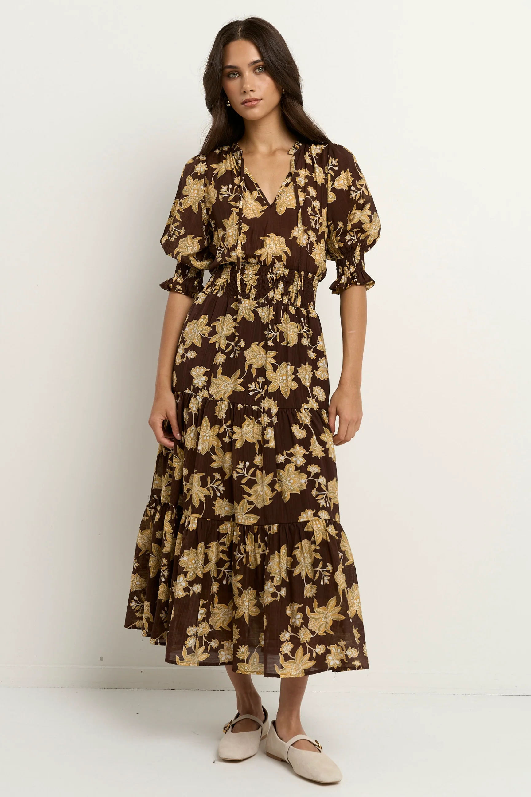 Charlie Chocolate Khaki Floral SS V Neck Tiered Midi Dress - Image 2