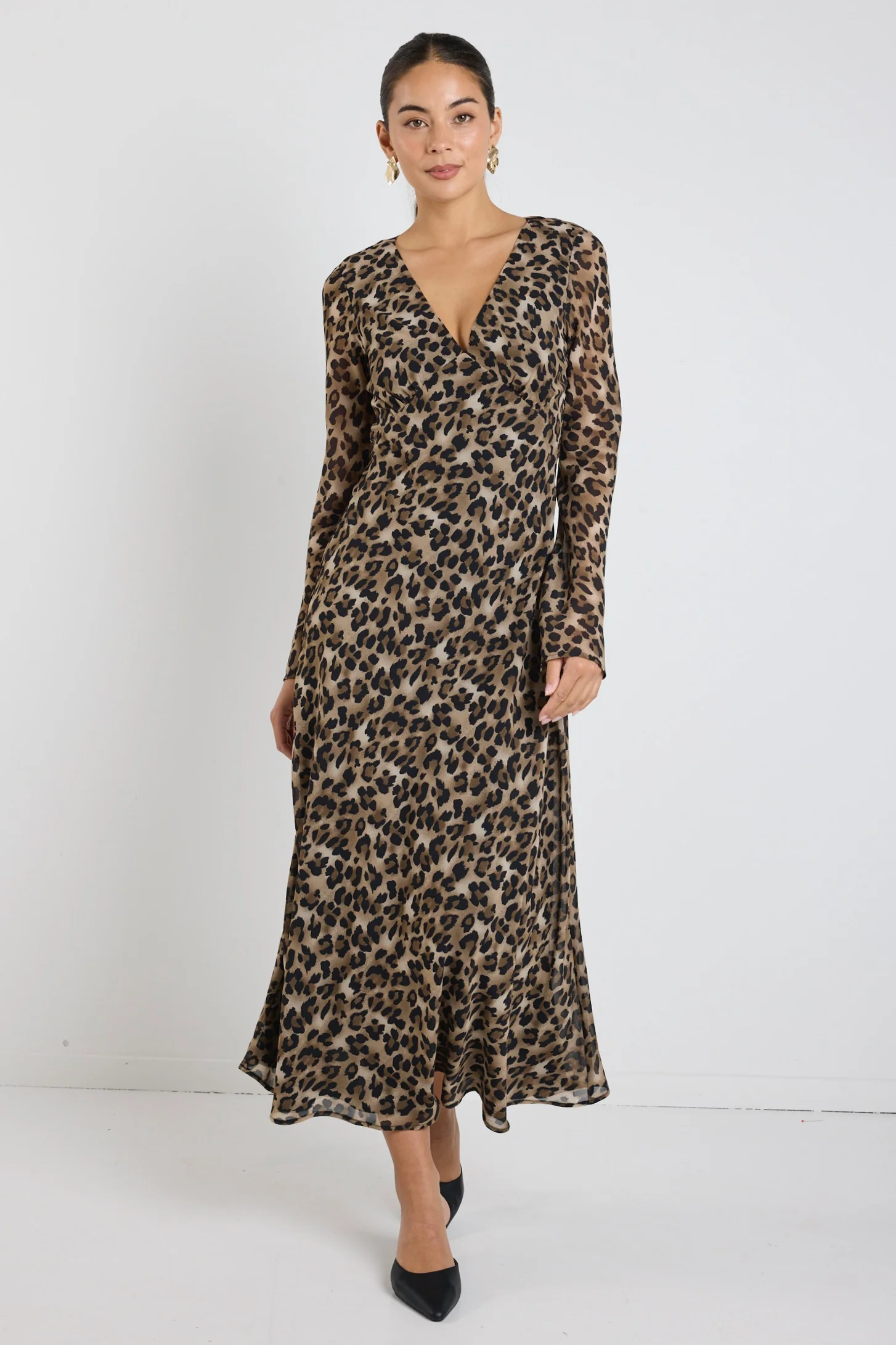 Chateau Leopard Georgette Fluted Sleeve V Bias Midi Dress - Image 3