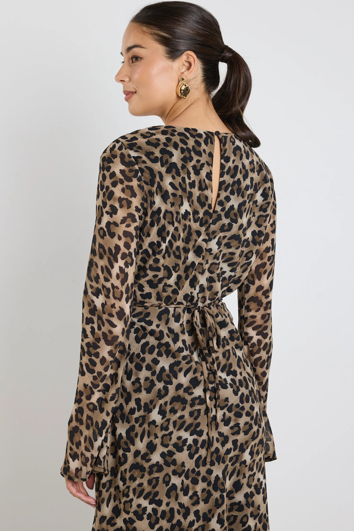 Chateau Leopard Georgette Fluted Sleeve V Bias Midi Dress - Image 5