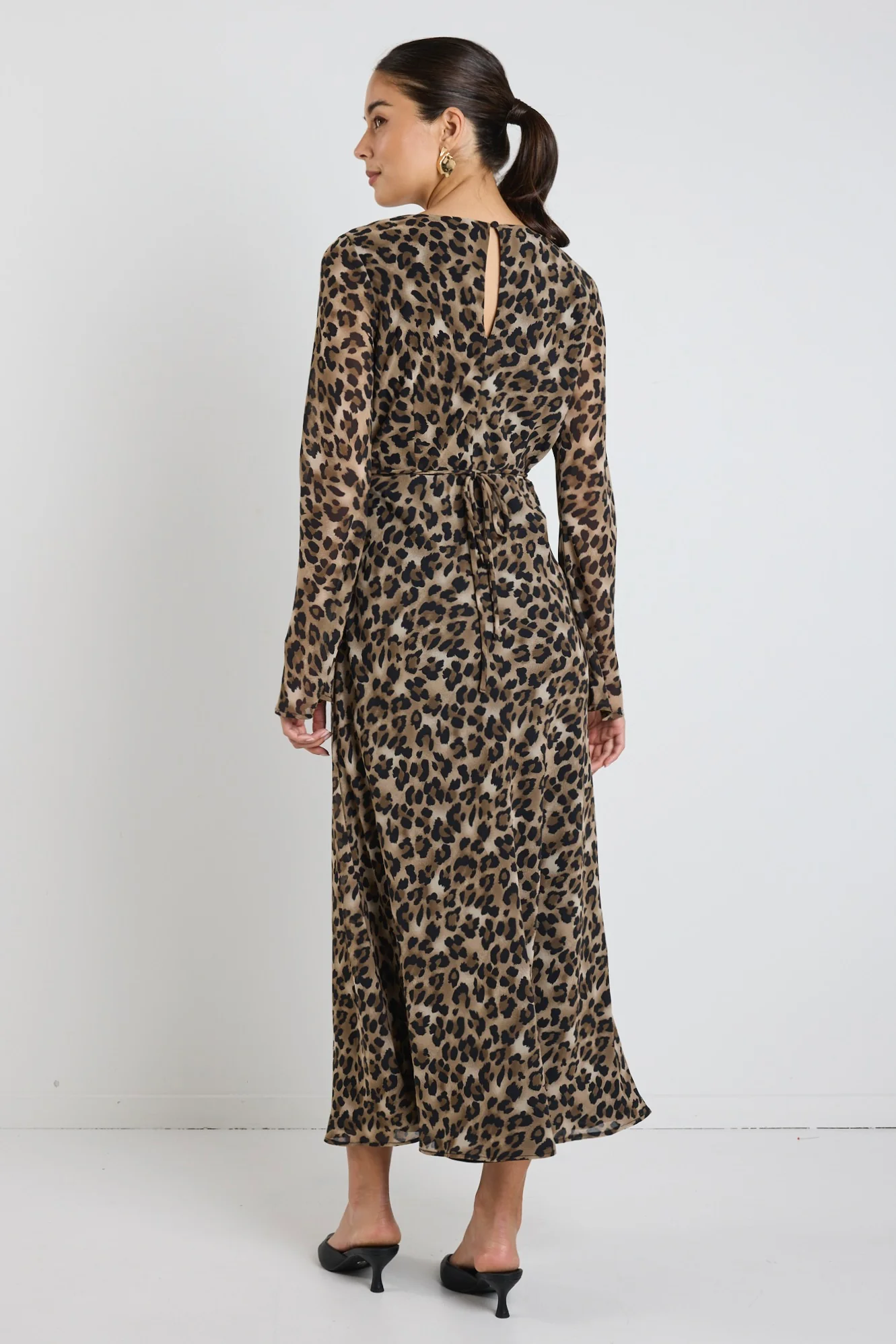 Chateau Leopard Georgette Fluted Sleeve V Bias Midi Dress - Image 6