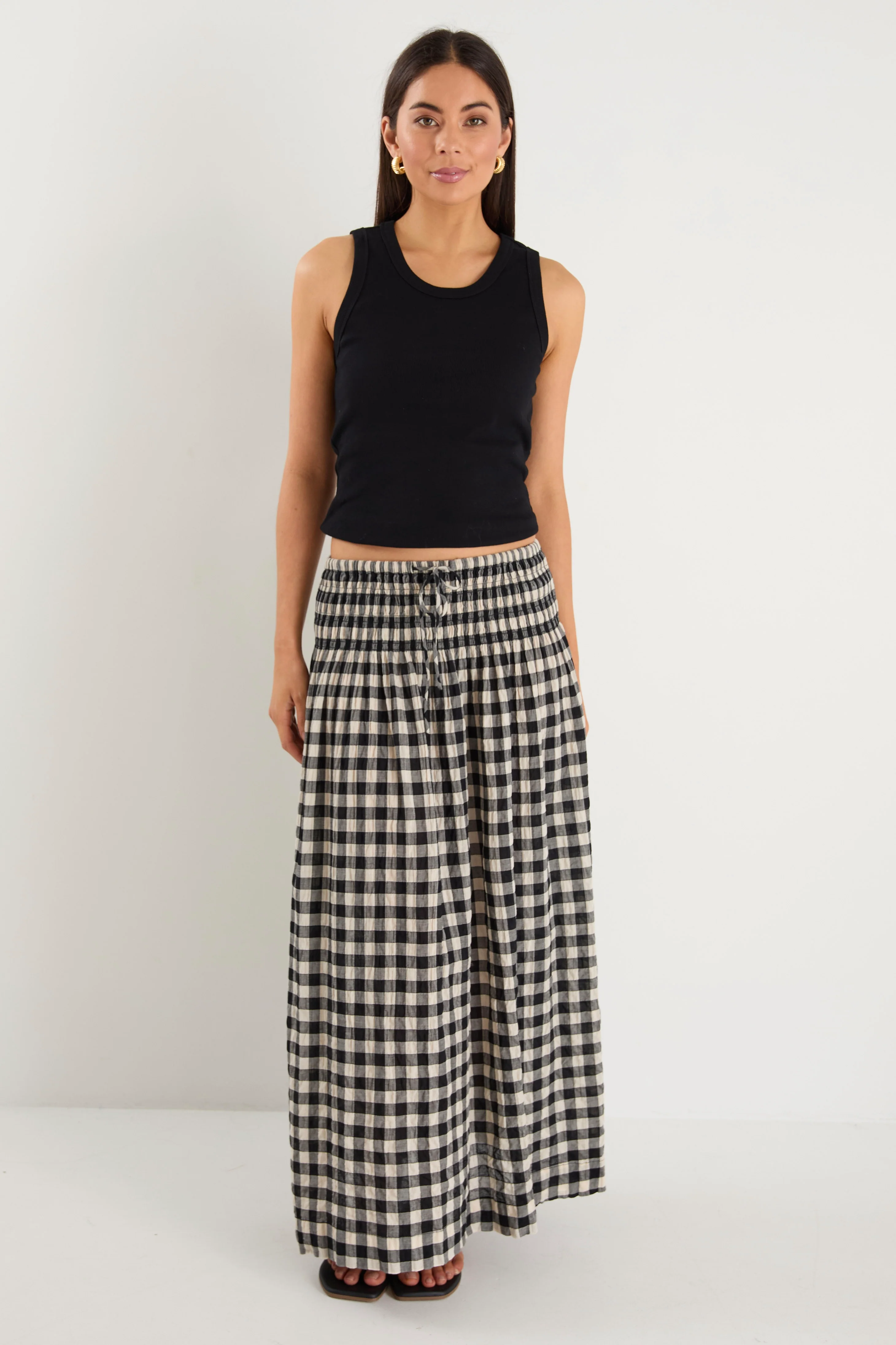 Cheerful Black Gingham Cotton Shirred Waist Maxi Skirt - Image 2
