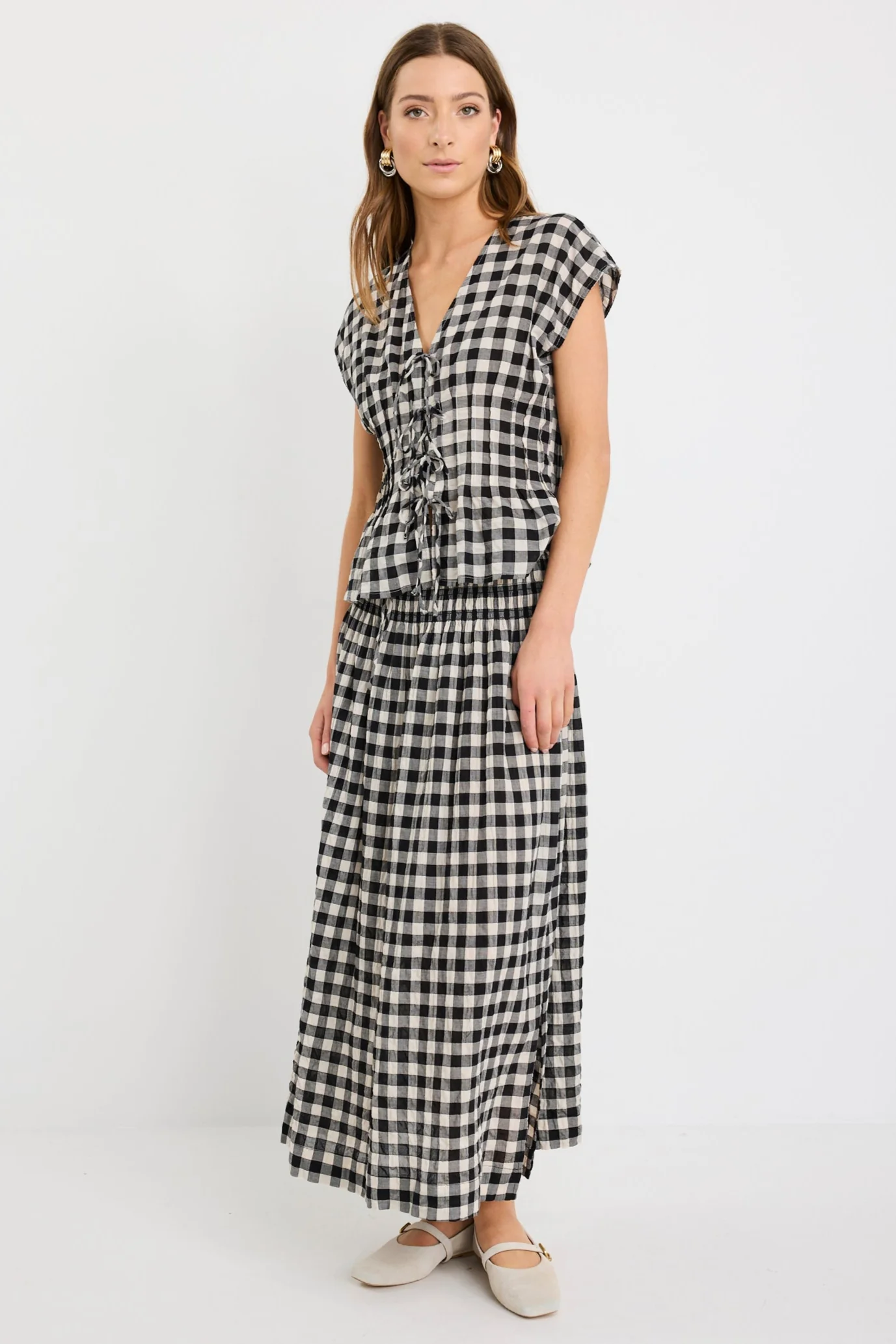 Cheerful Black Gingham Cotton Shirred Waist Maxi Skirt - Image 3