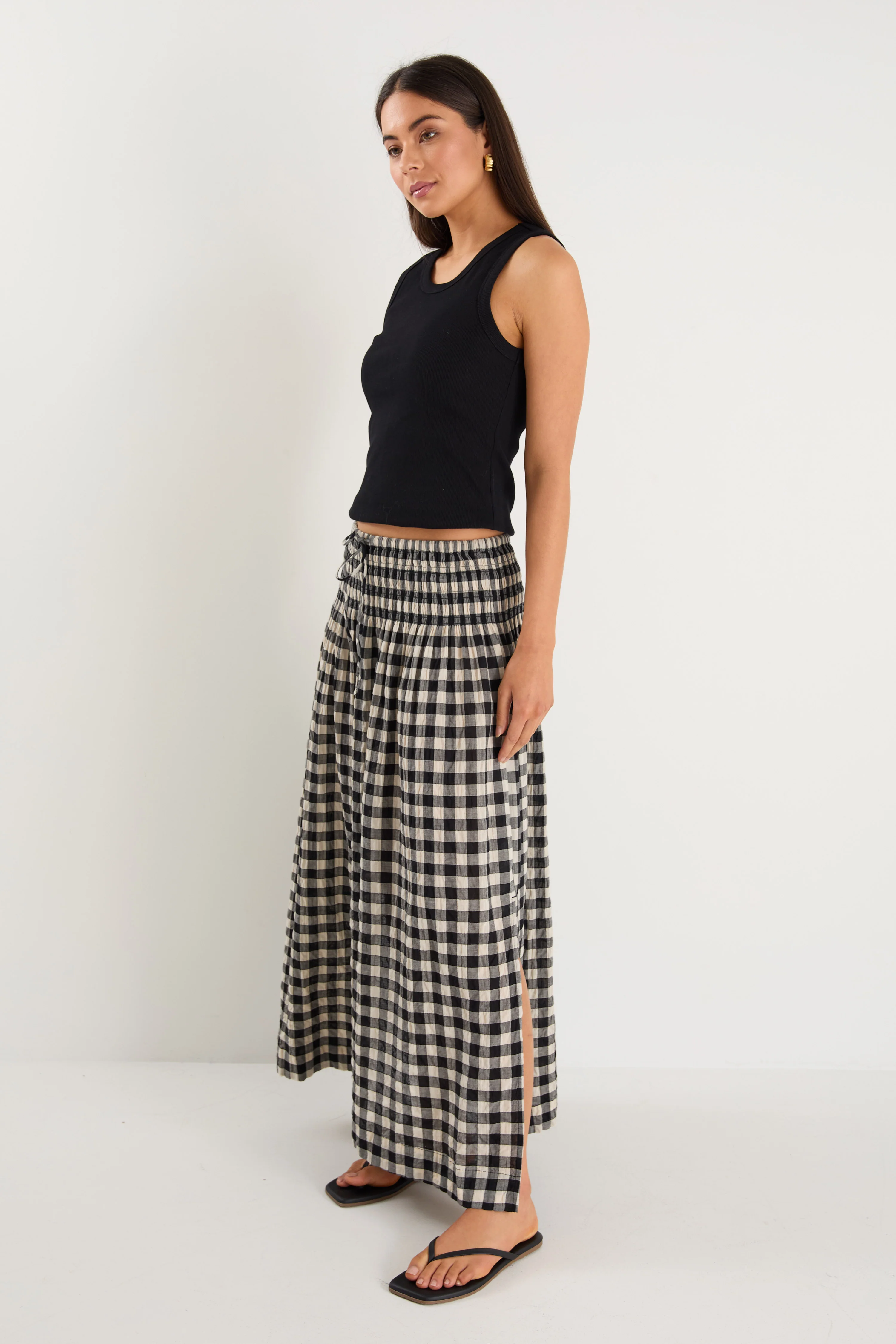 Cheerful Black Gingham Cotton Shirred Waist Maxi Skirt - Image 6