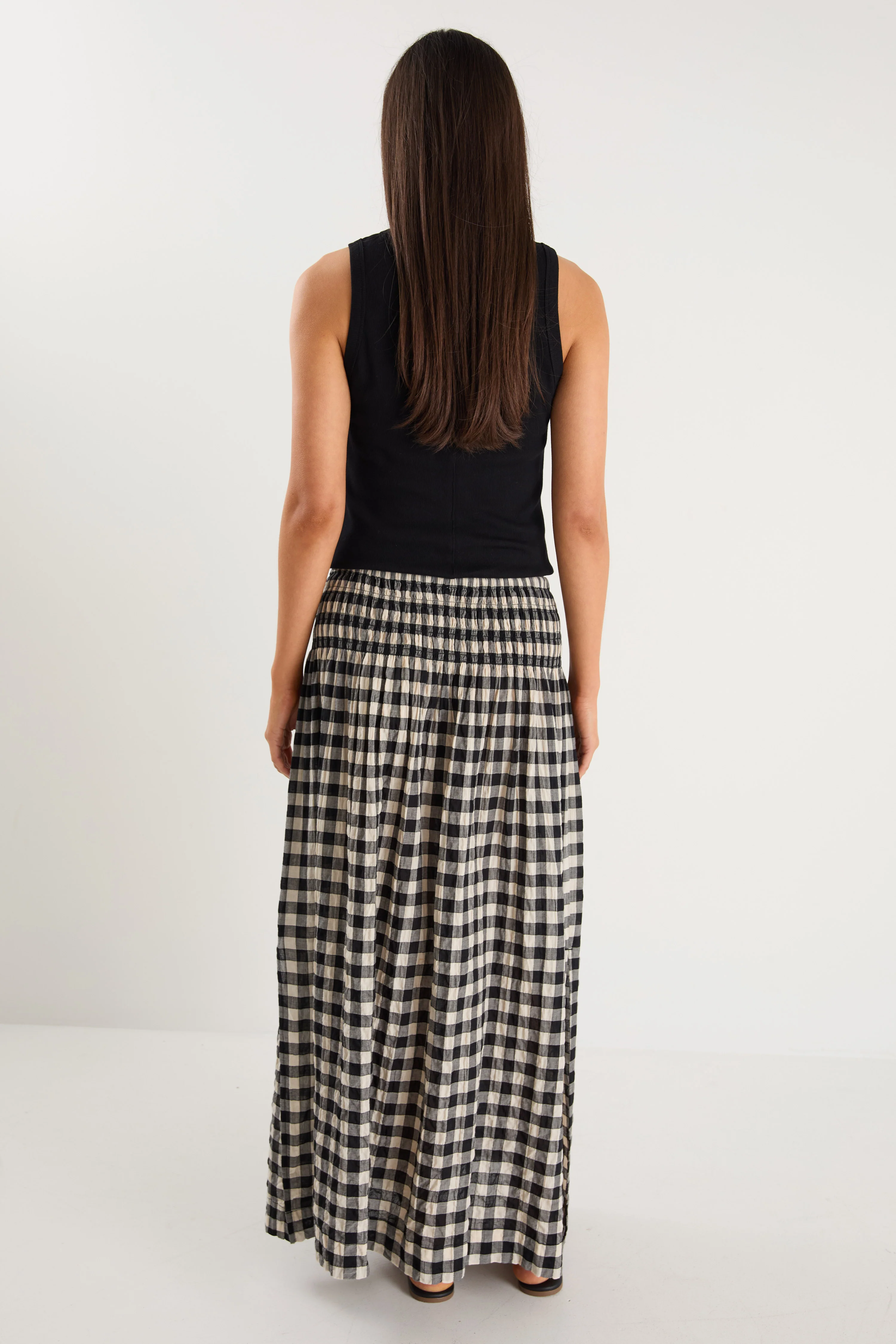 Cheerful Black Gingham Cotton Shirred Waist Maxi Skirt - Image 7