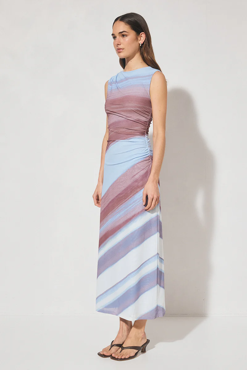 Chroma Blue Asymetric Dusk Stripe Mesh Sleeveless Maxi Dress - Image 3