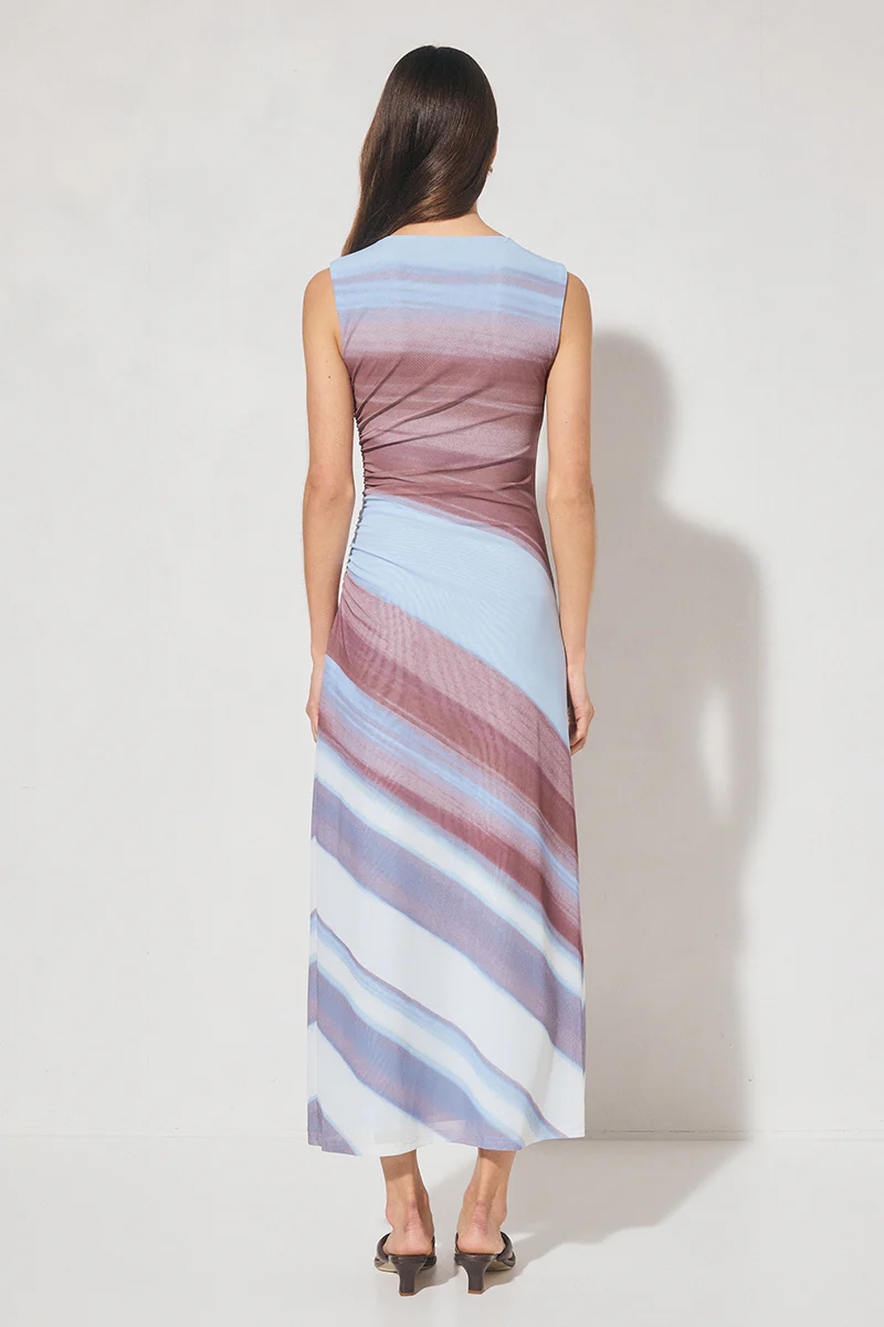 Chroma Blue Asymetric Dusk Stripe Mesh Sleeveless Maxi Dress - Image 4