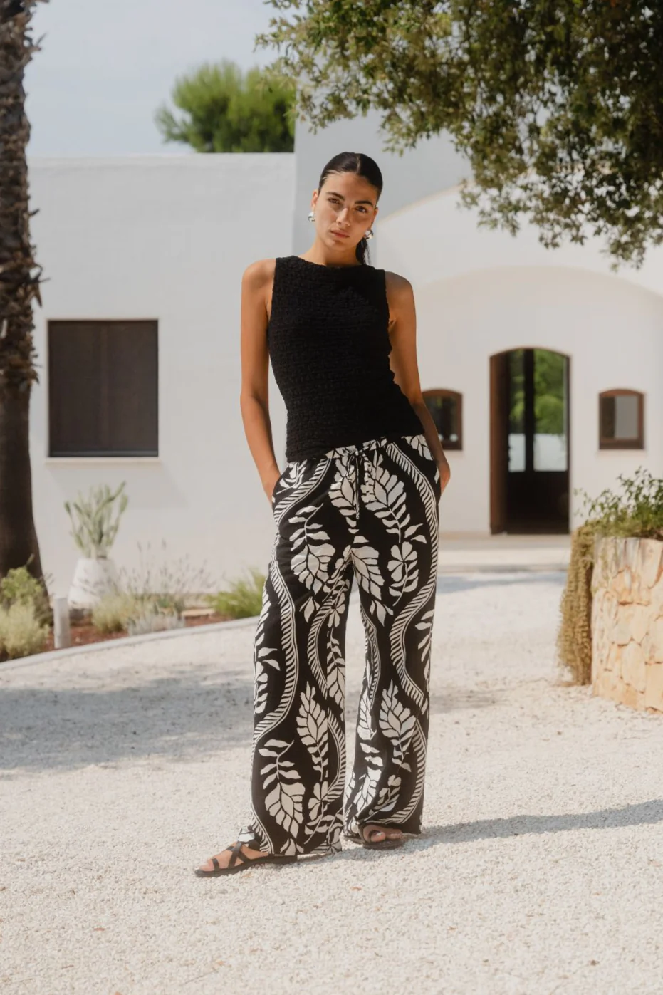 Clever Black Ivory Leaf Drawcord Wide Leg Pants - Image 2