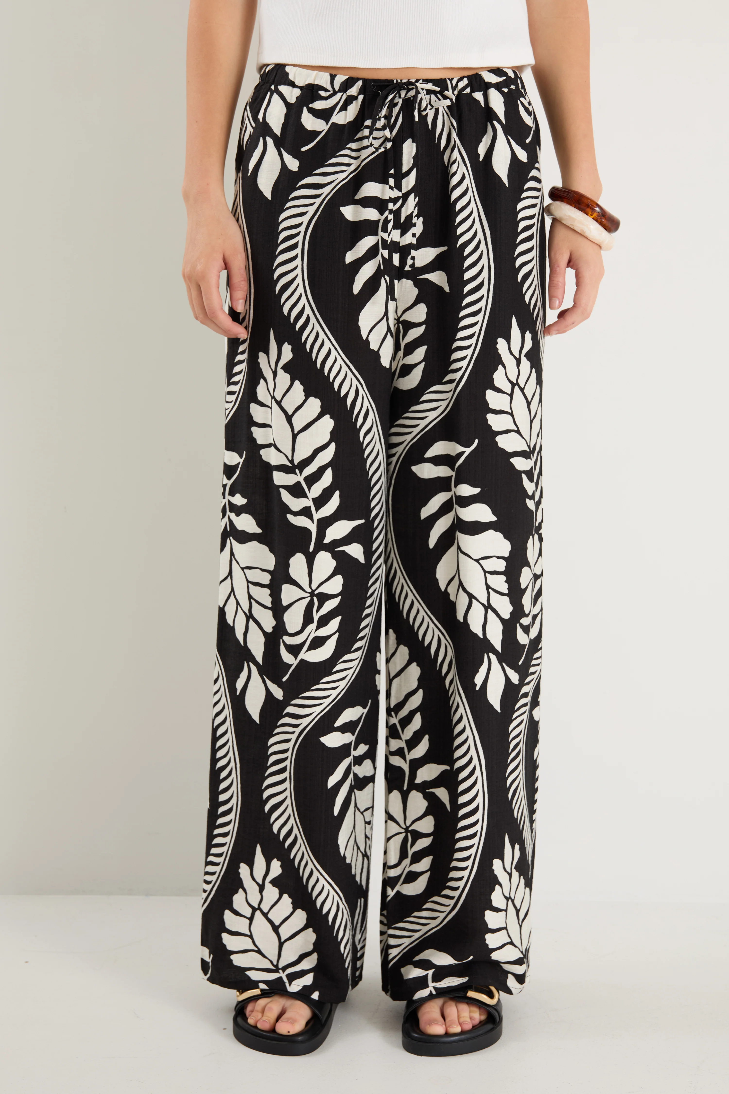 Clever Black Ivory Leaf Drawcord Wide Leg Pants - Image 3