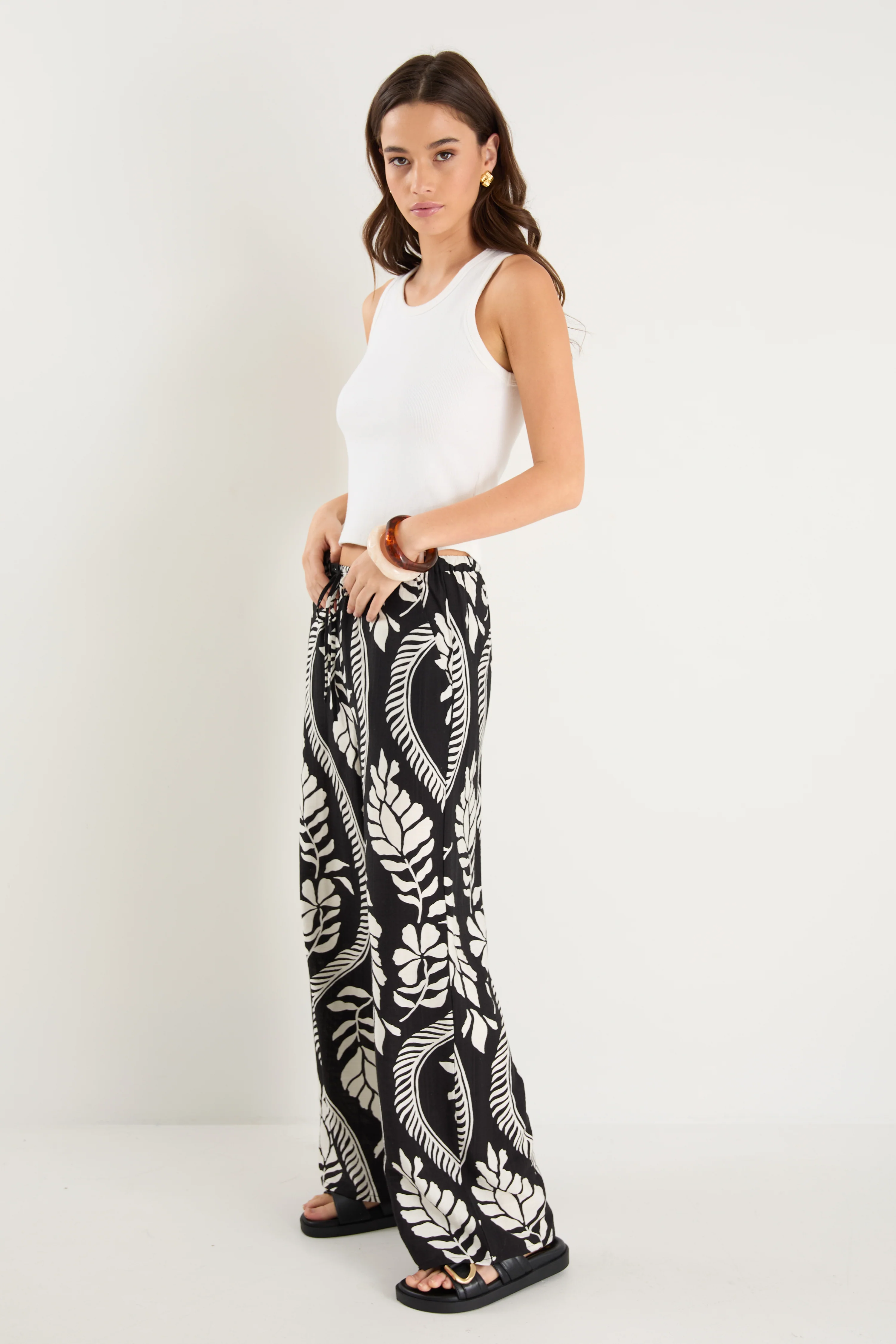 Clever Black Ivory Leaf Drawcord Wide Leg Pants - Image 4