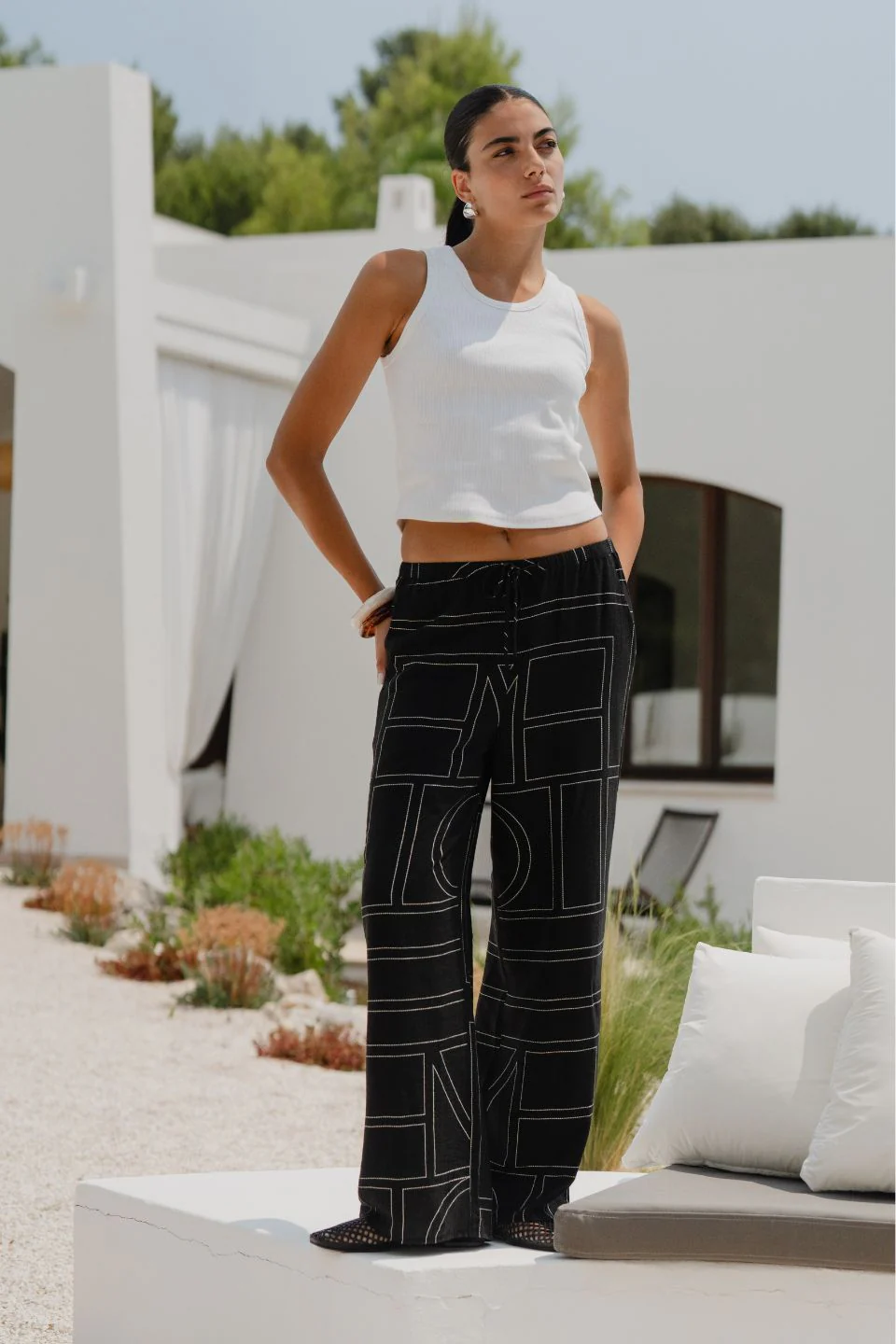 Clever Black Lines Drawcord Wide Leg Pants - Image 2