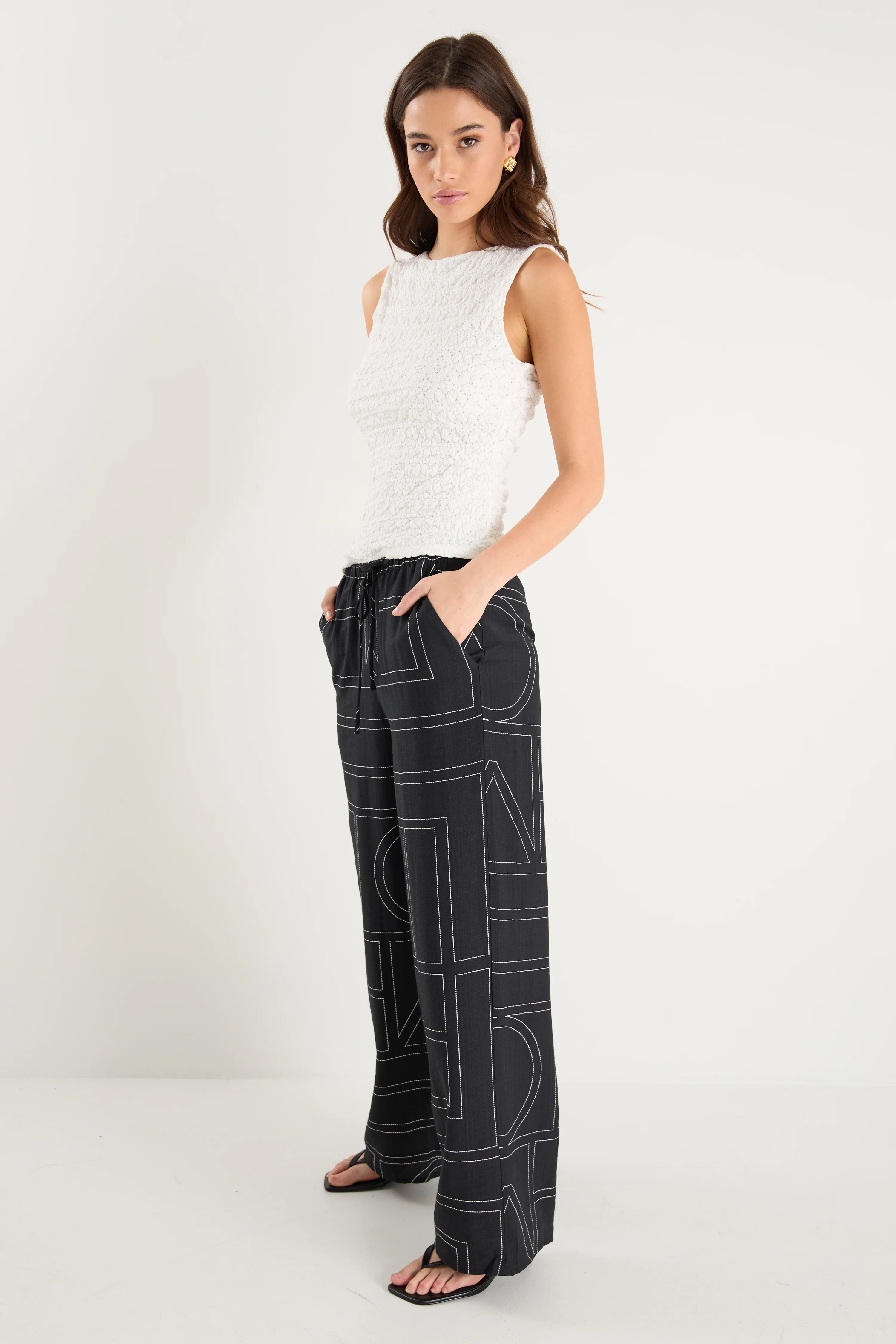 Clever Black Lines Drawcord Wide Leg Pants - Image 4