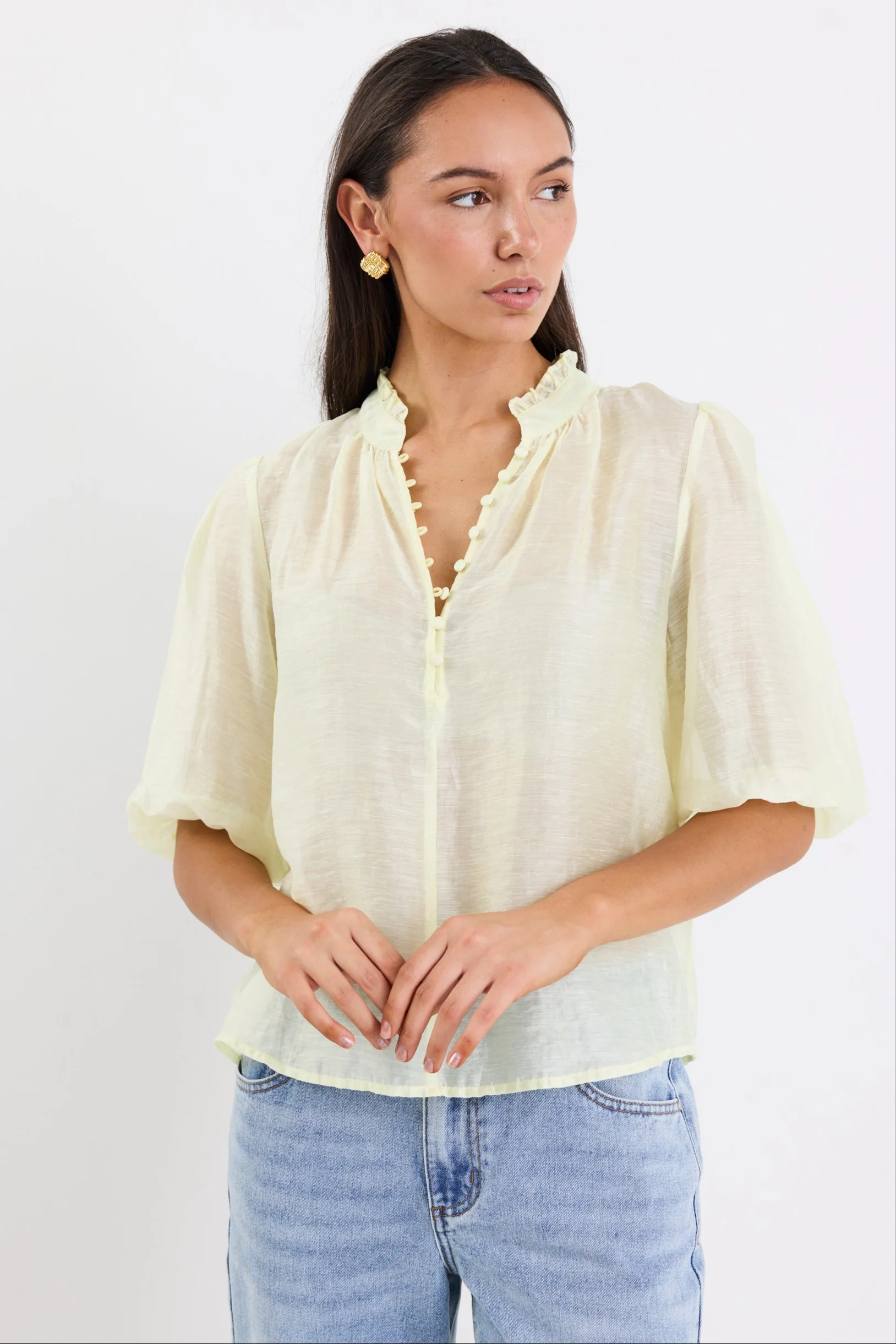 Closure Sunshine Sheer High Neck Buttoned SS Top - Image 2