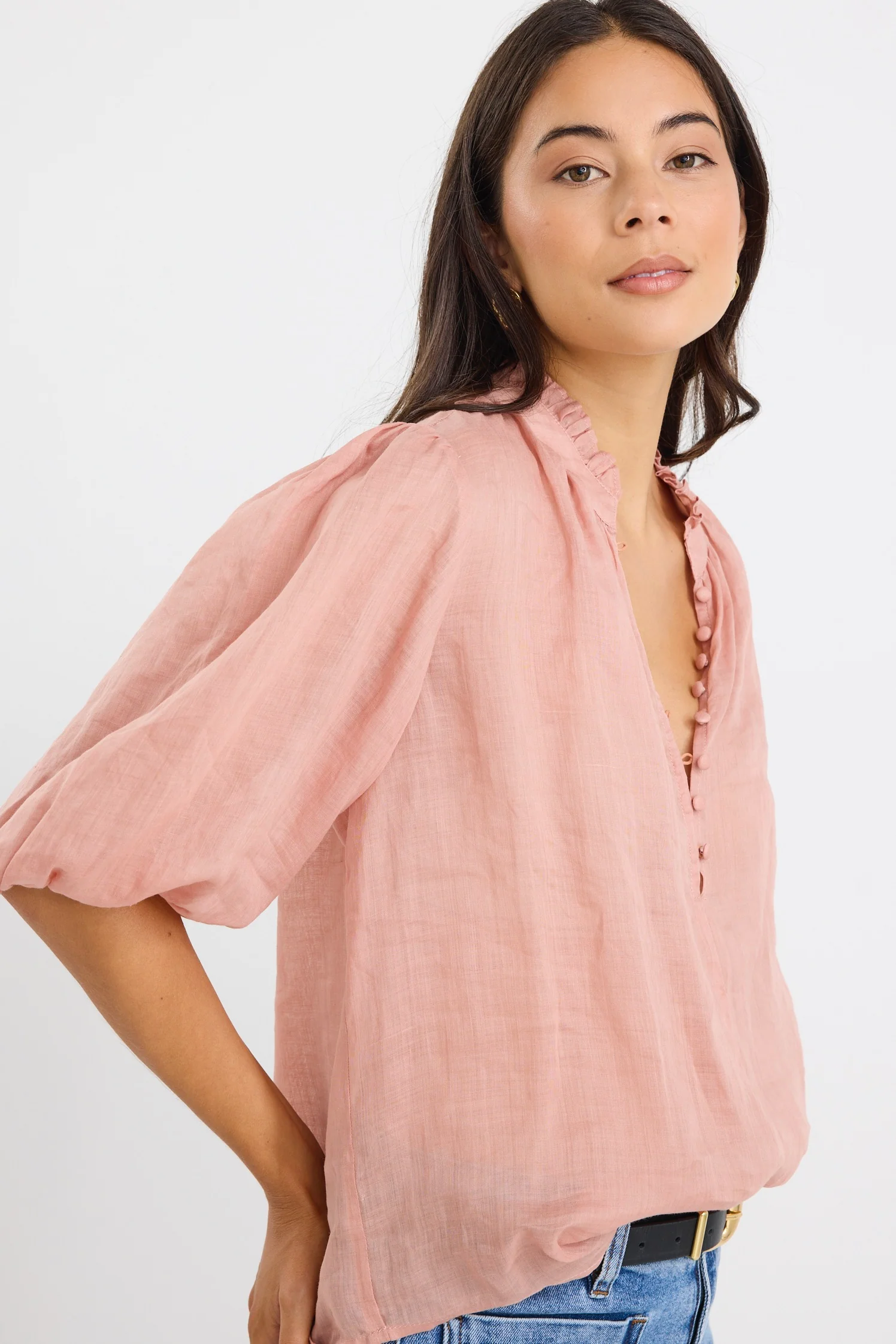 Closure Blush Ramie High Neck Buttoned SS Top - Image 3