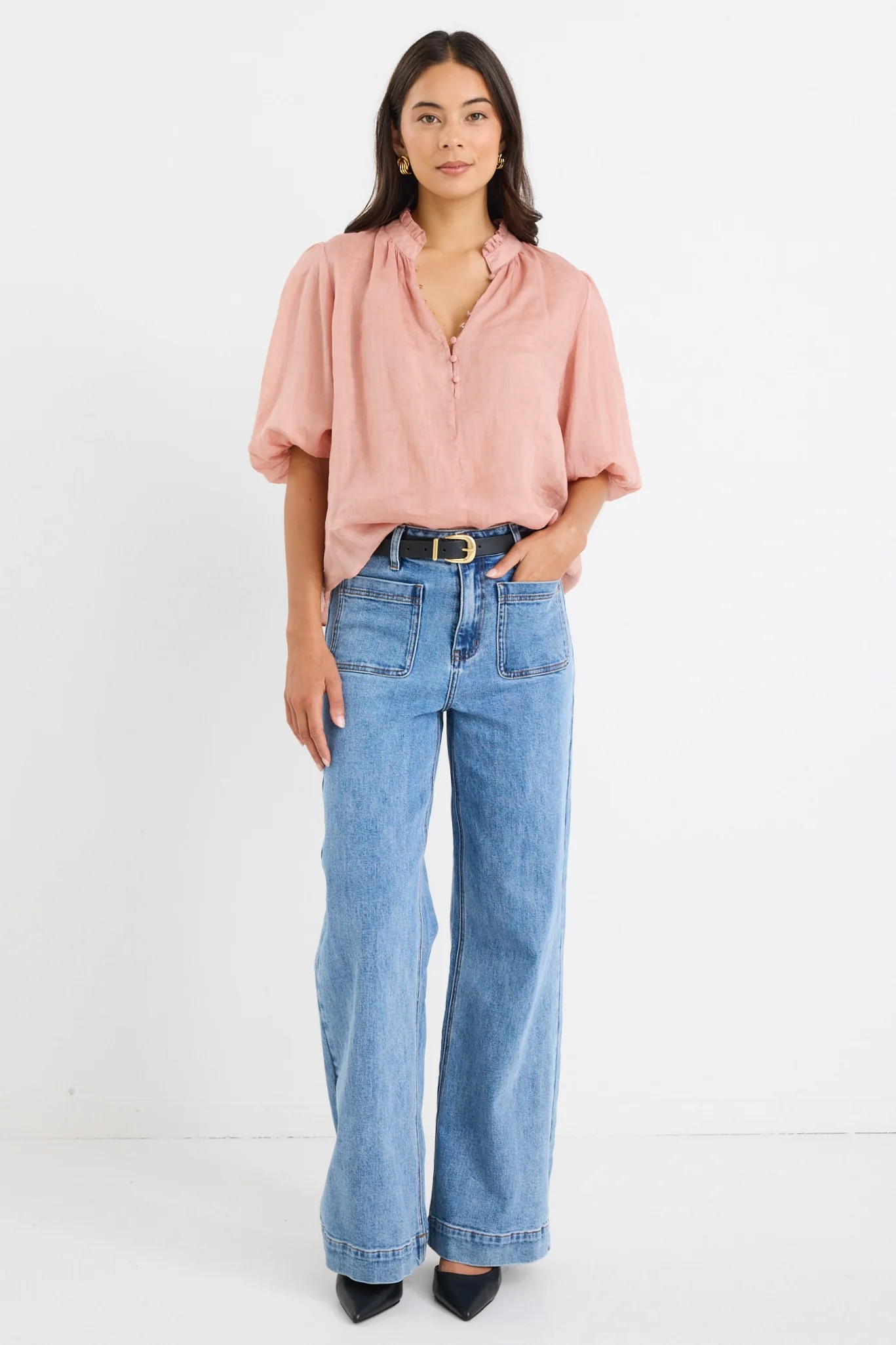 Closure Blush Ramie High Neck Buttoned SS Top - Image 4