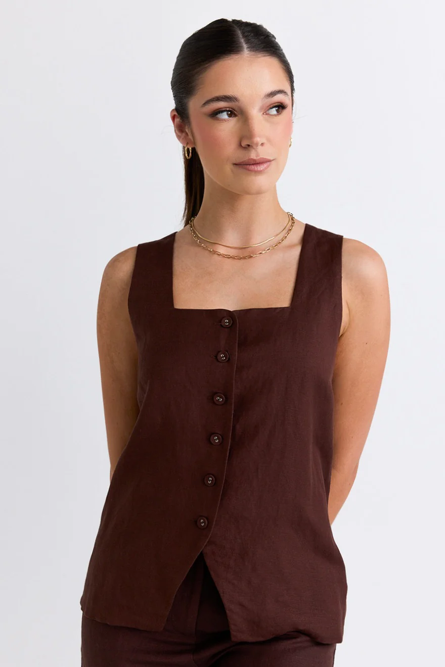 Coastal Chocolate Linen Longline Crew Vest - Image 6