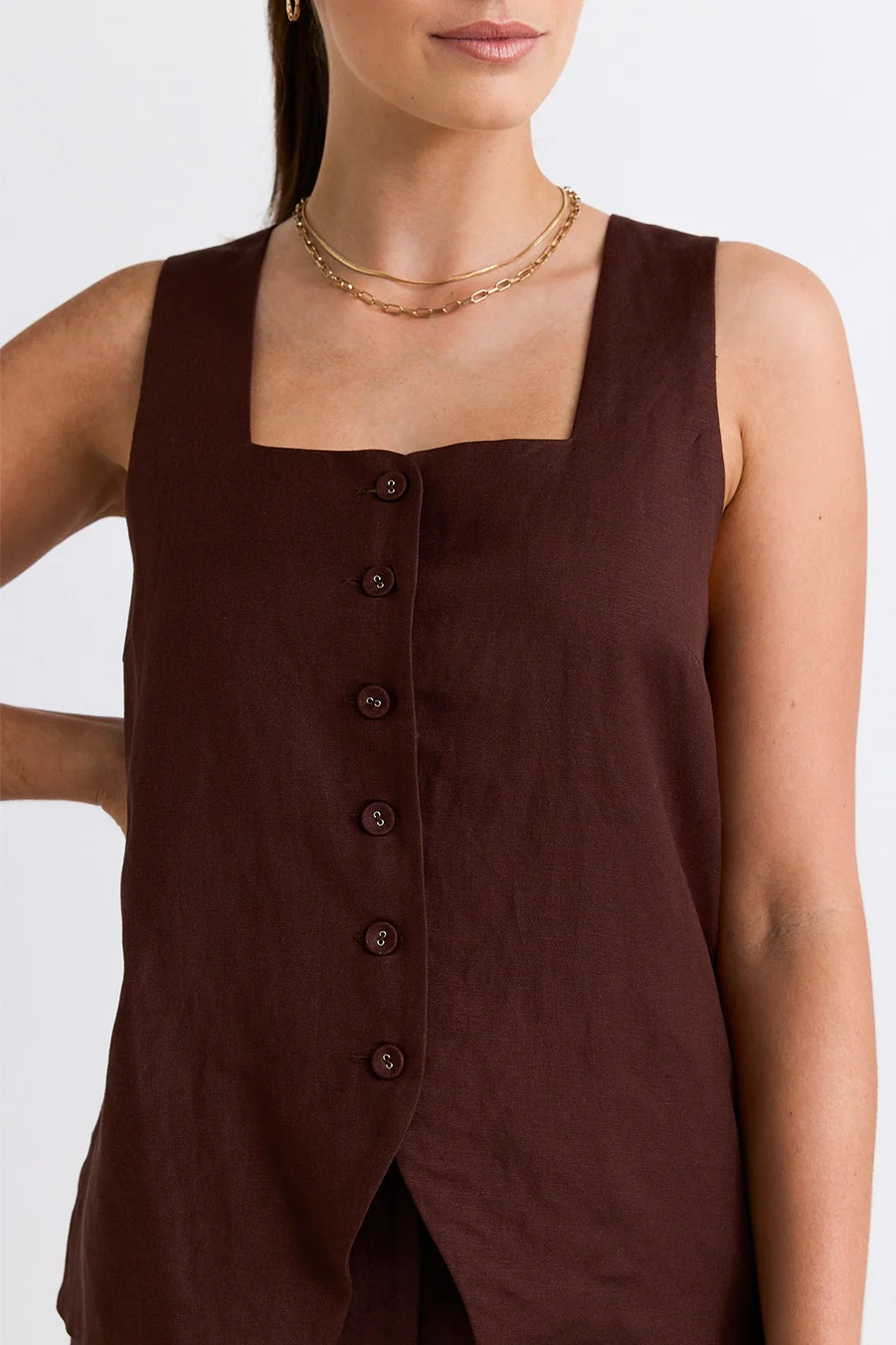 Coastal Chocolate Linen Longline Crew Vest - Image 7