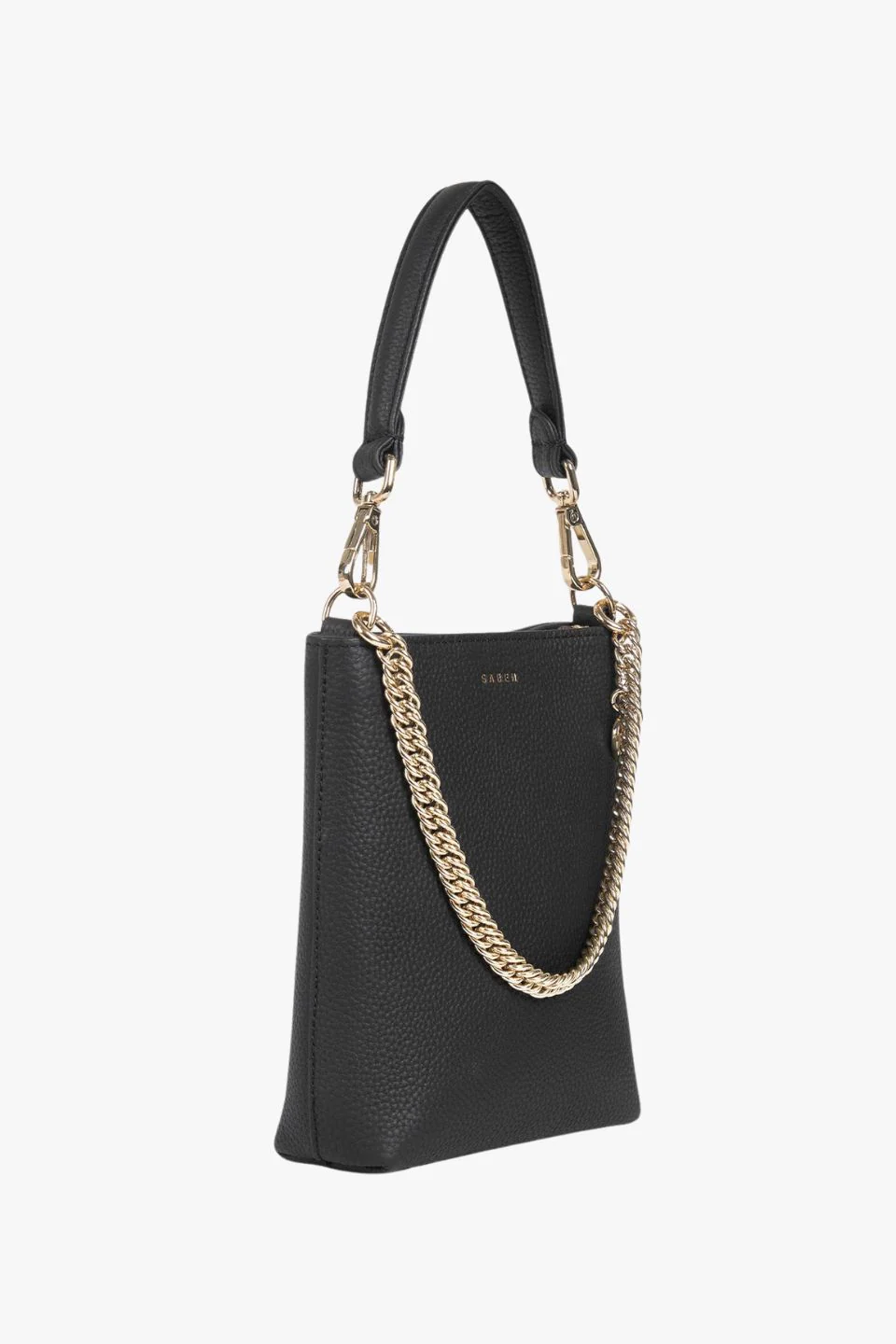 Coco Black Leather Bucket Bag with Gold Chain Detailing - Image 5