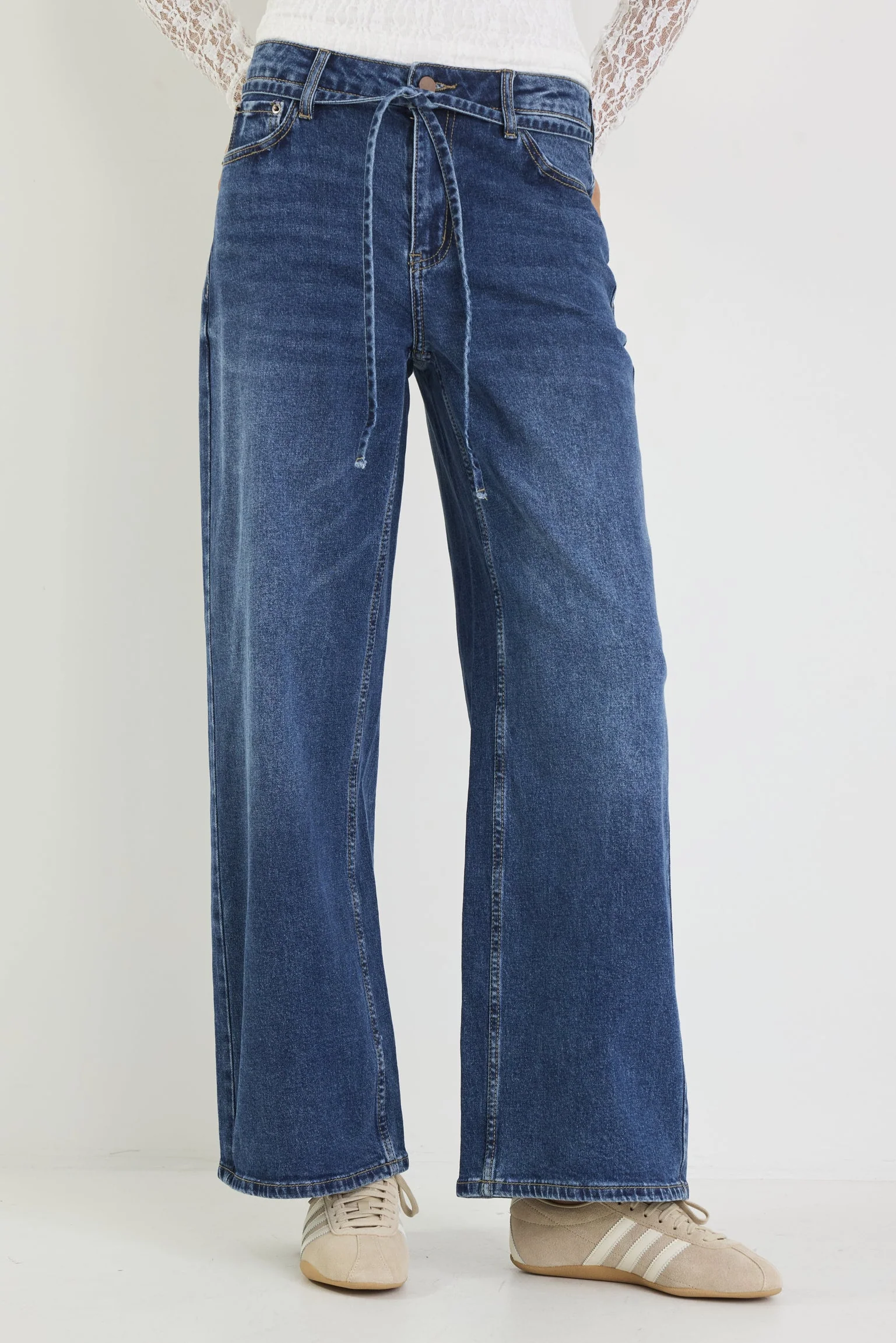 College Deep Blue Wide Leg Tie Belt Jean - Image 2